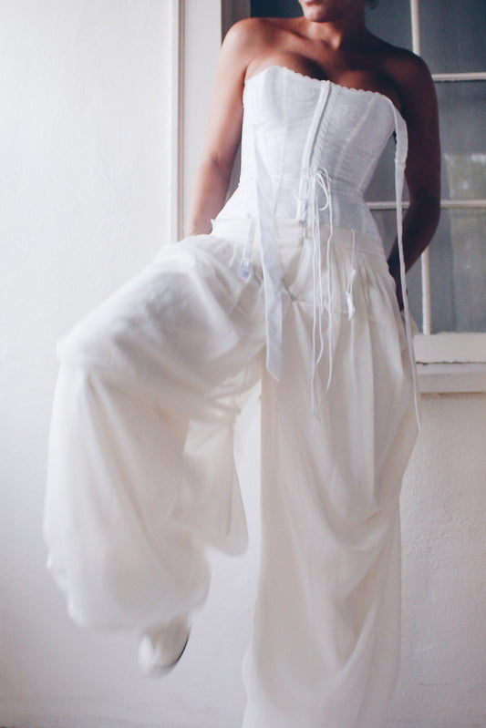 Pleated White High Waisted Parachute style pants /  Ivory Cinched Wide Leg formal pants