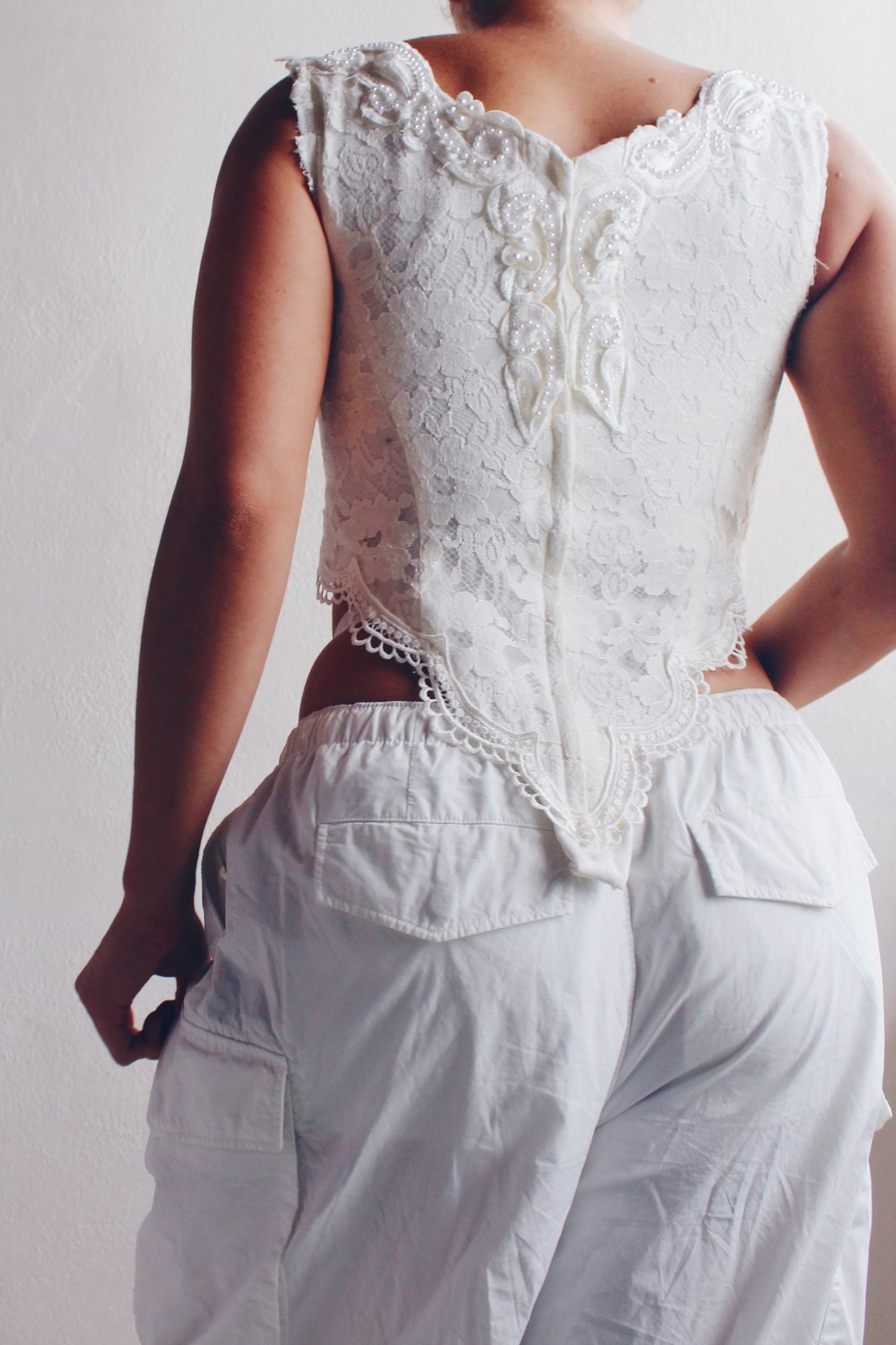 Formal Sleeveless Pearl Beaded Top - Upcycled Vintage Wedding Dress | Coquette Ornate Venetian Lace Style | Unique & Sustainable
