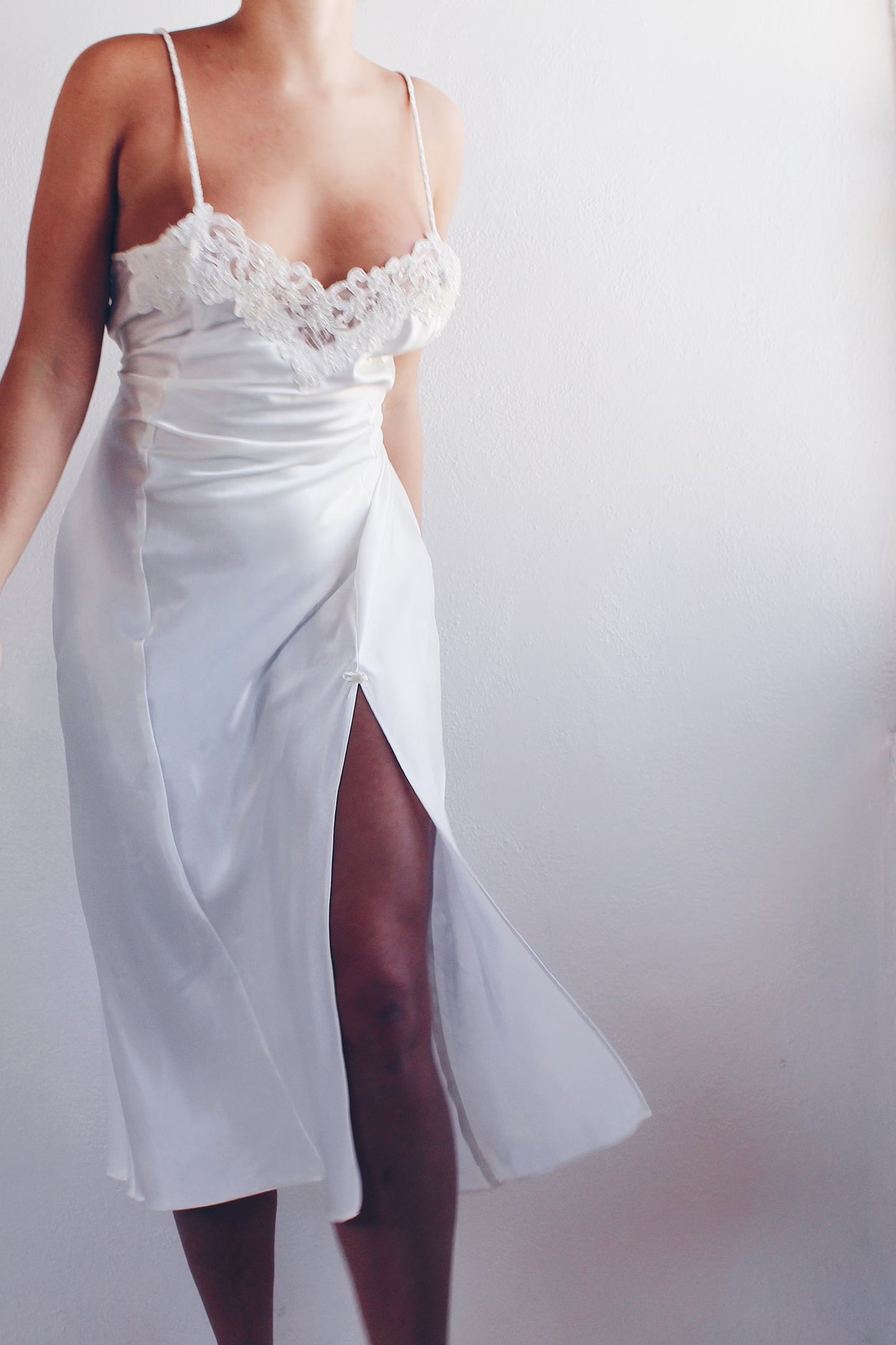 90s White Liquid Satin Sexy Nightgown - Lace Bust & Slit | Ethereal Bridal Lingerie | Perfect for Casual Layering