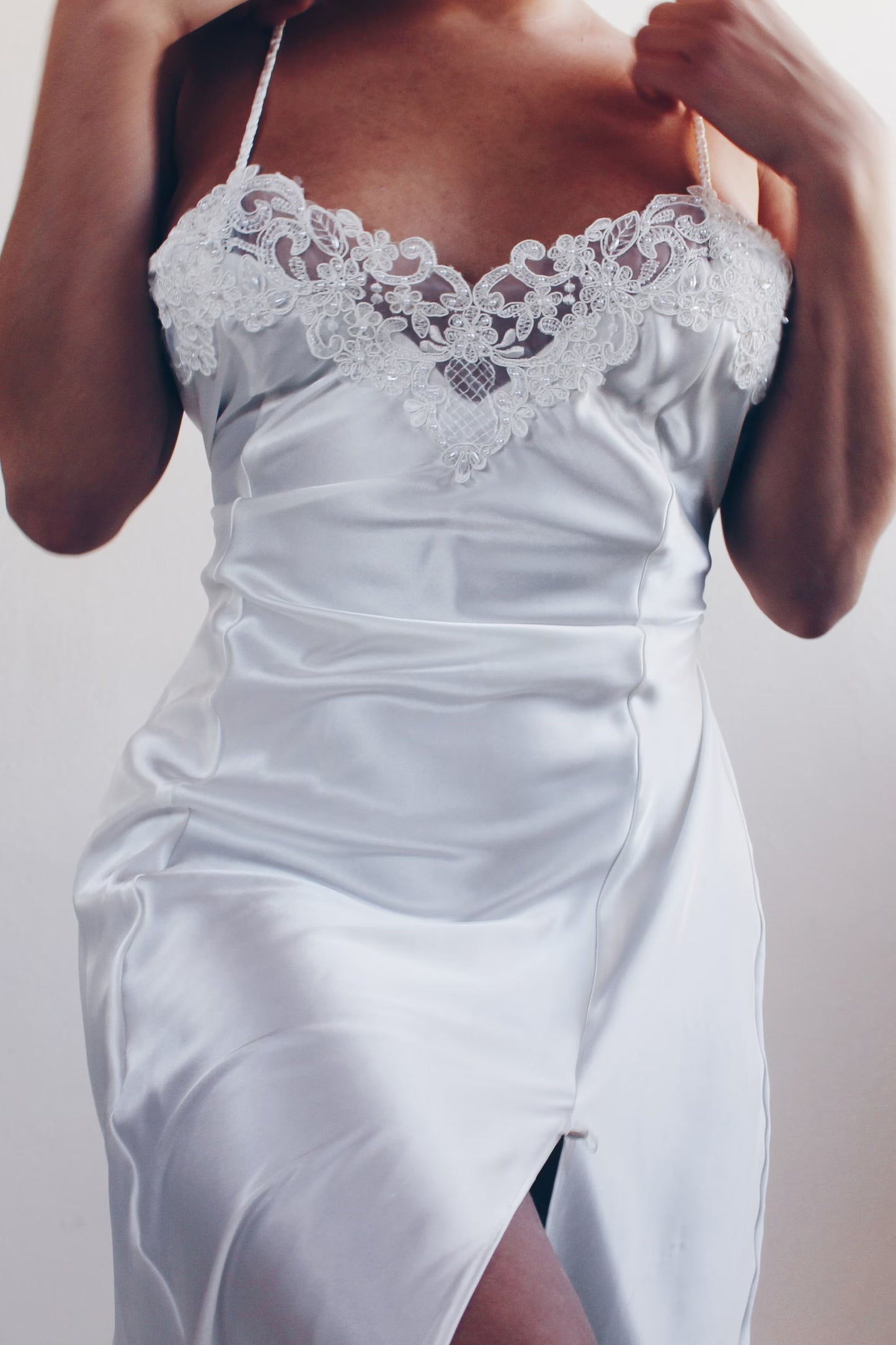 90s White Liquid Satin Sexy Nightgown - Lace Bust & Slit | Ethereal Bridal Lingerie | Perfect for Casual Layering