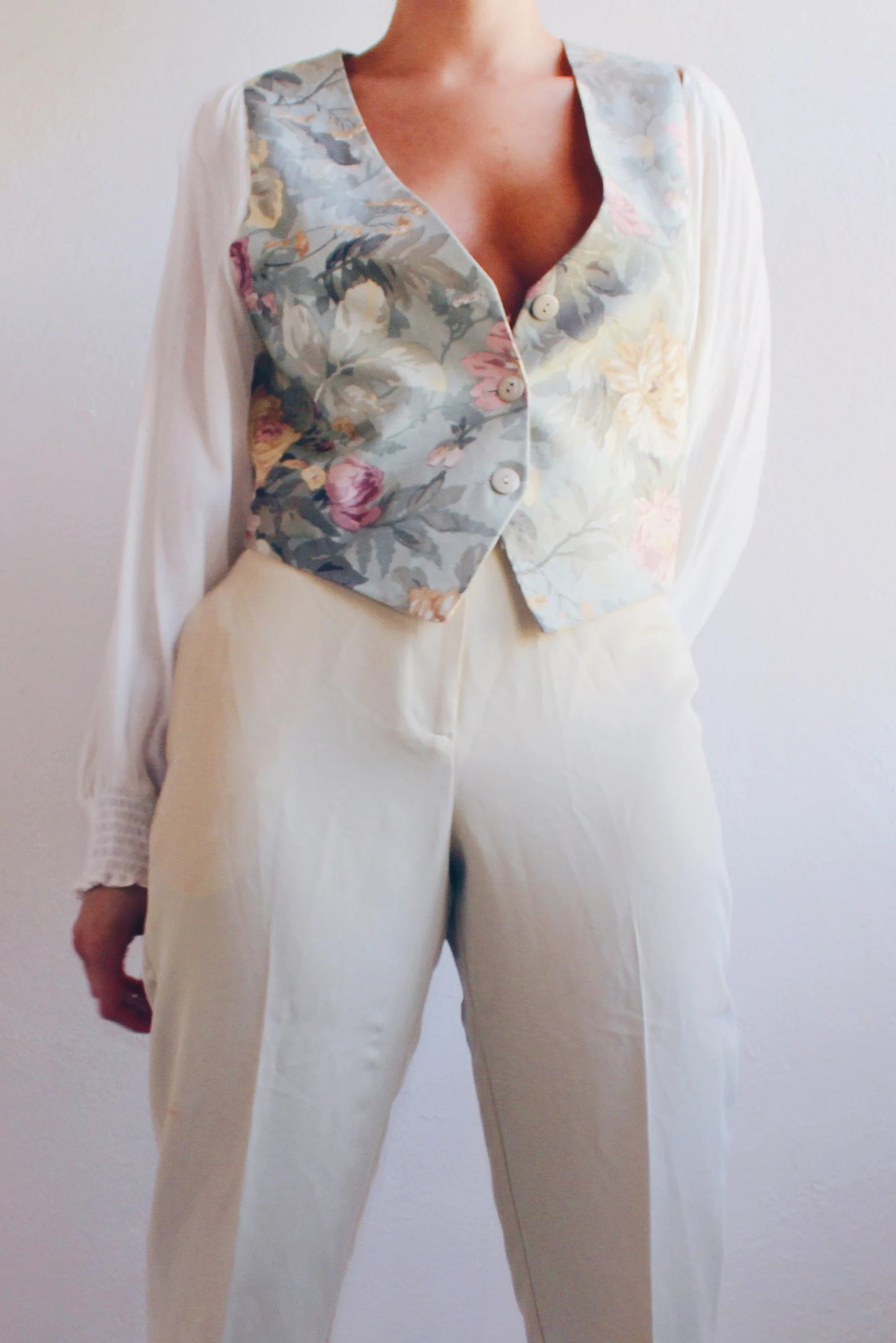 Upcycled Floral Vest Shirt with Cream Peasant Sleeves - Cottagecore Style | Inspired by Jennifer Connelly in The Labyrinth