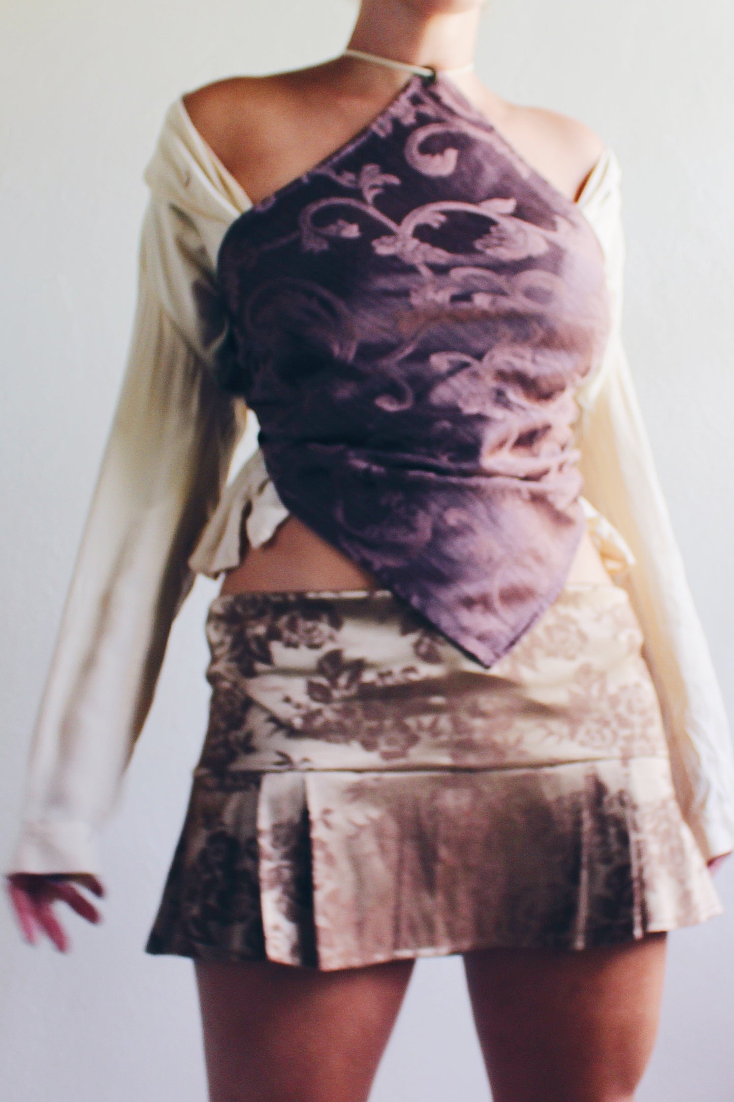Brown Baroque Print Reworked French hanky hem shirt / Upcycled Bandeau Tapestry Haltar Crop Top
