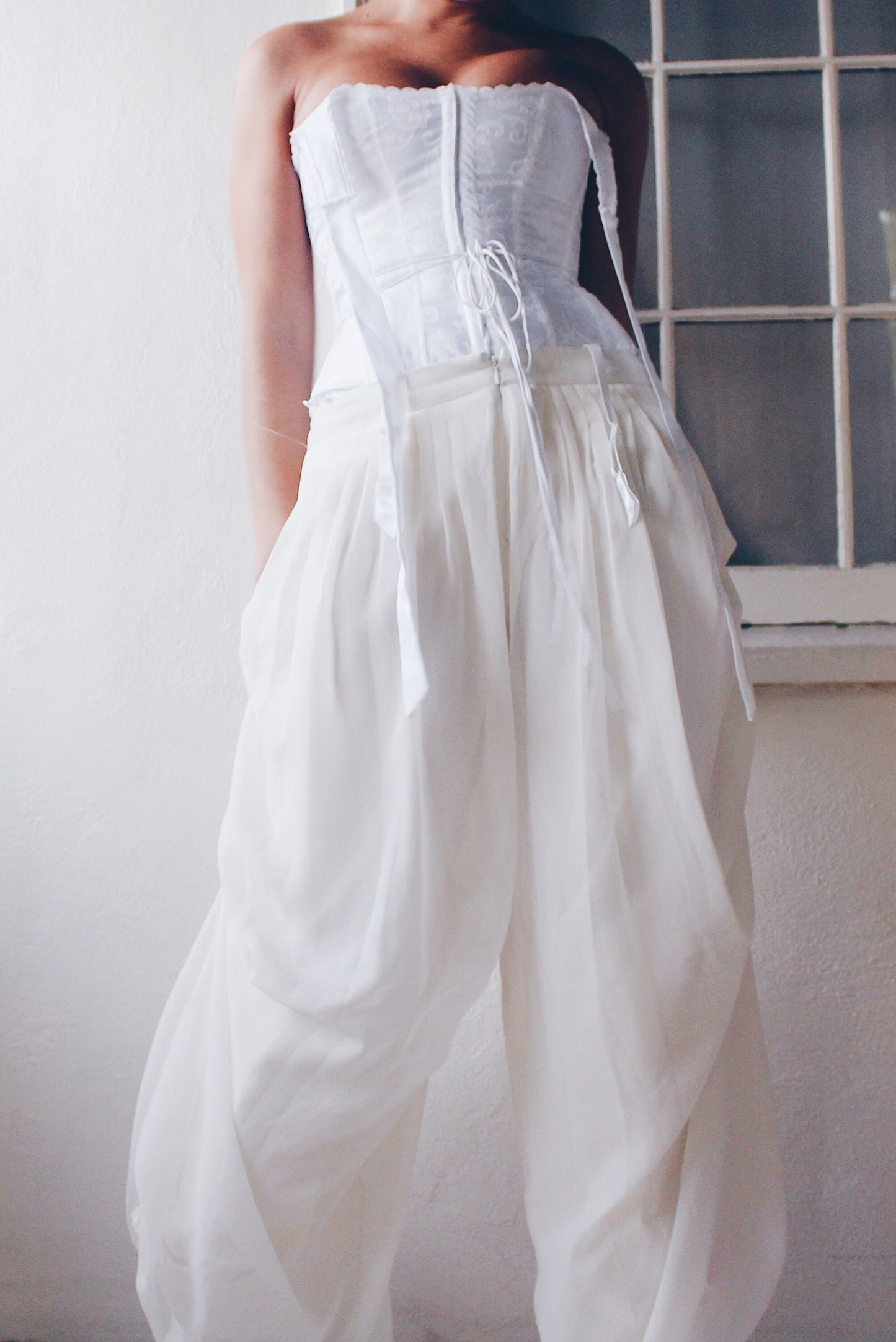 Pleated White High Waisted Parachute style pants / Ivory Cinched Wide Leg formal pants