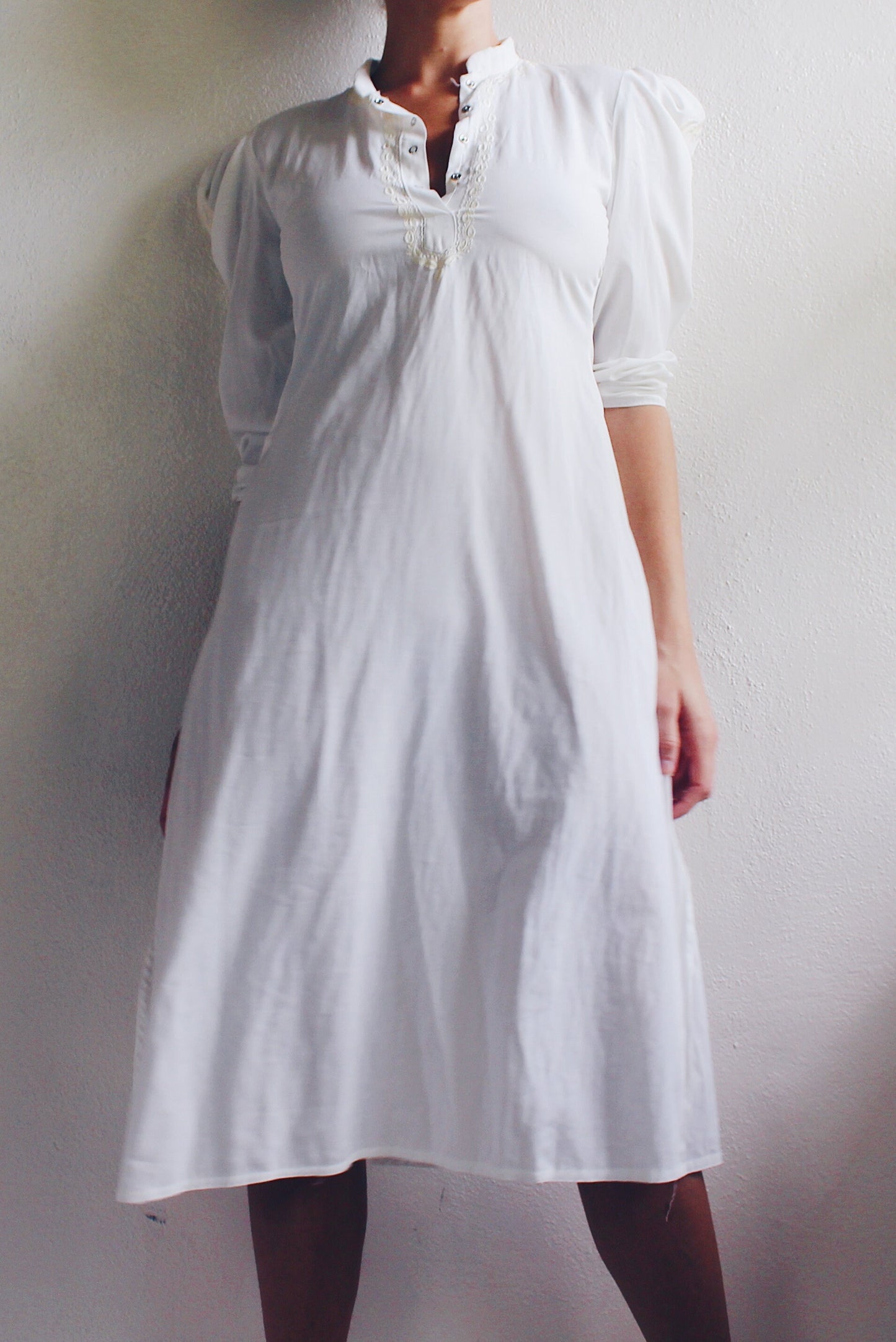 White Vintage Cotton Long Sleeve Nightgown - American Gothic Edwardian Style | Knee-Length with Floral Embroidery & Pleated Shoulders
