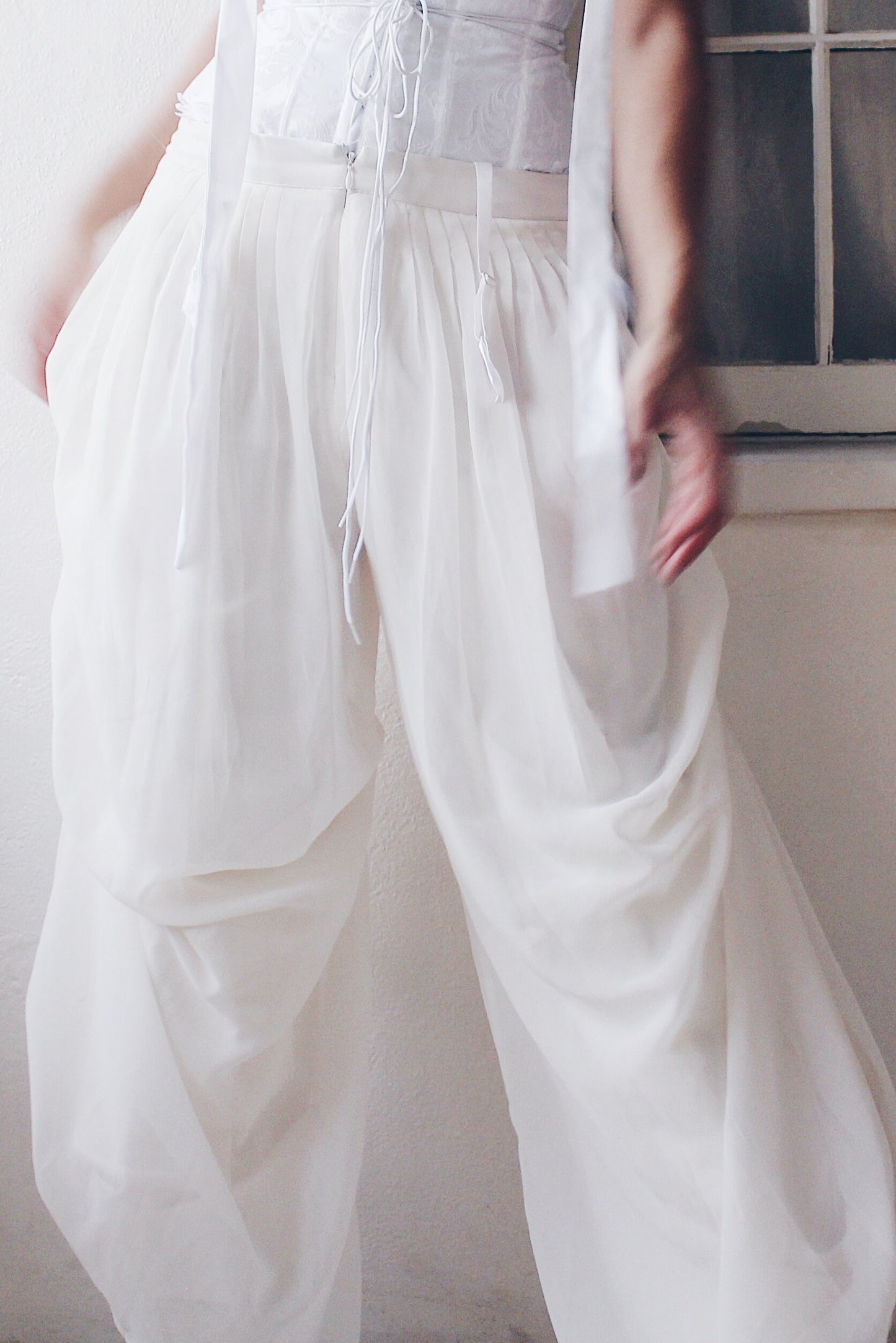 Pleated White High Waisted Parachute style pants / Ivory Cinched Wide Leg formal pants