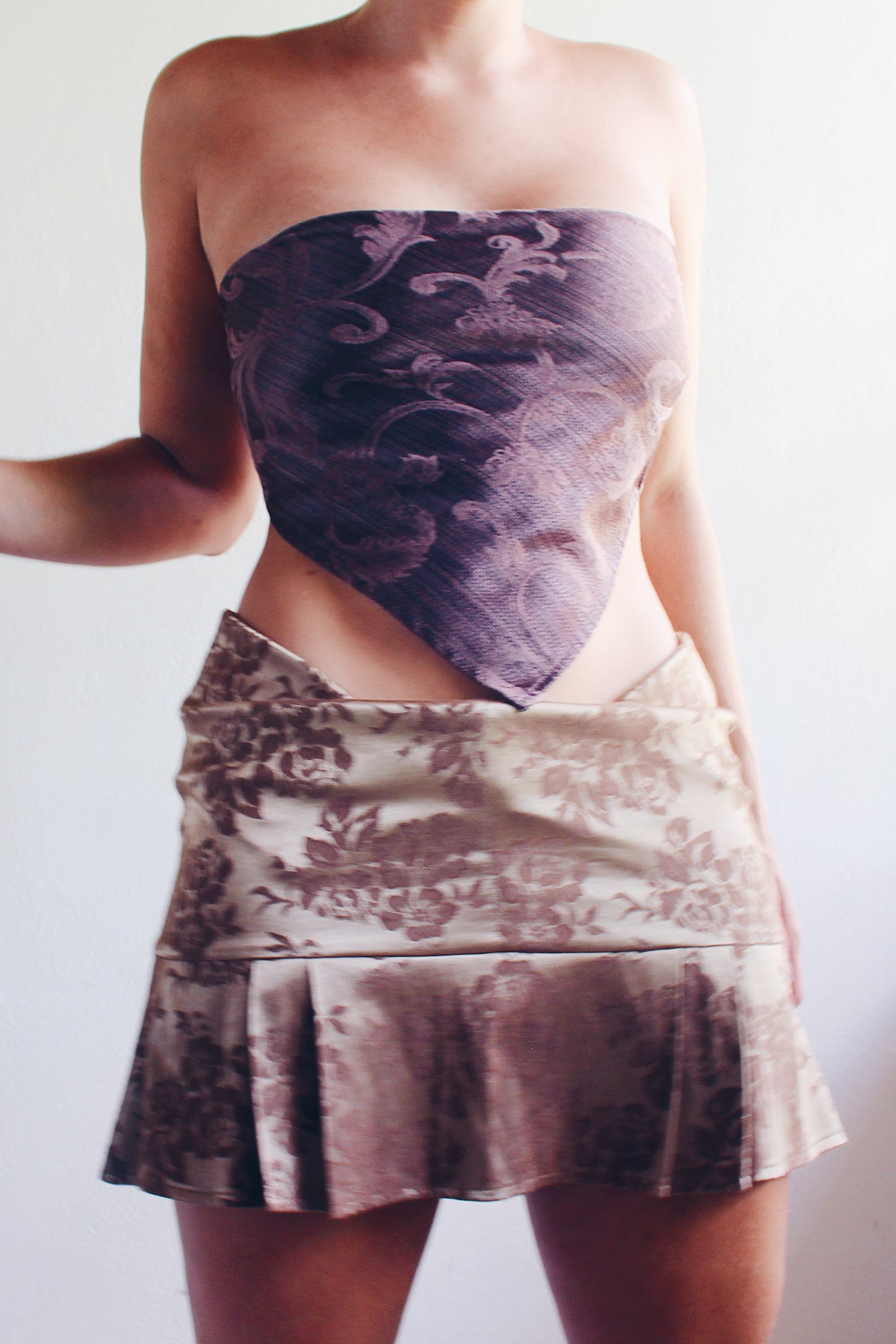 Brown Baroque Print Reworked French hanky hem shirt / Upcycled Bandeau Tapestry Haltar Crop Top