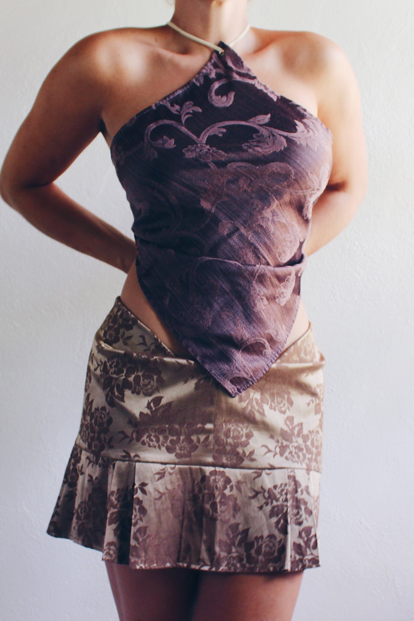 Brown Baroque Print Reworked French hanky hem shirt / Upcycled Bandeau Tapestry Haltar Crop Top
