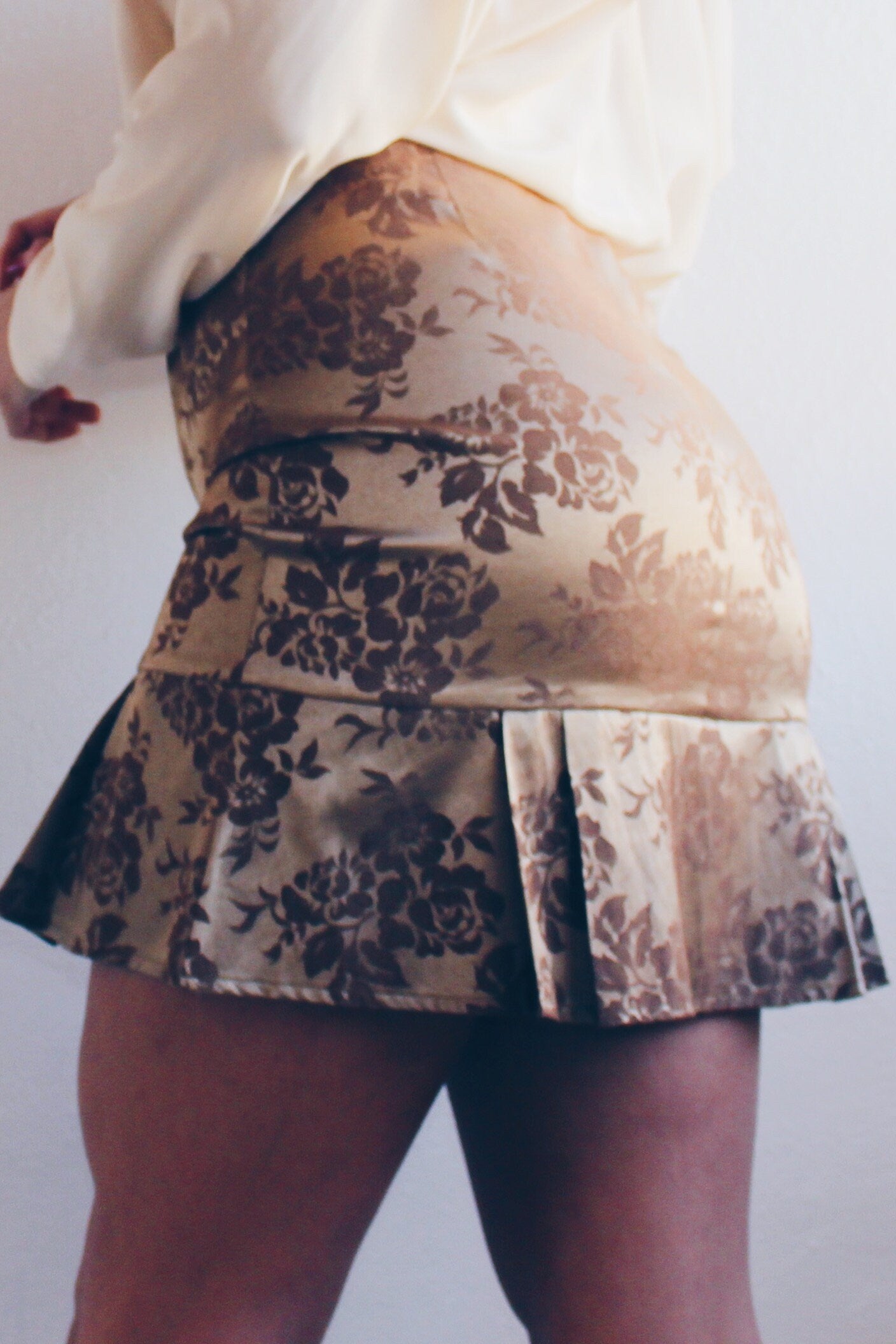Bronzed Gold High Waisted Floral Drop Waist Mini Skirt - Coquette Baroque Style
