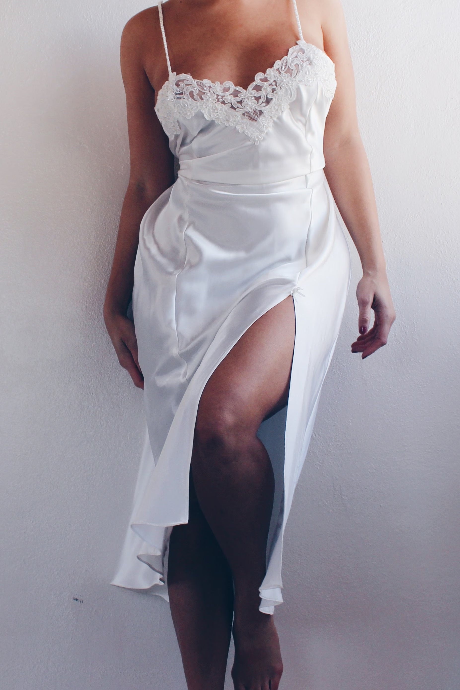 90s White Liquid Satin Sexy Nightgown - Lace Bust & Slit | Ethereal Br Dusted Archive 90s White Liquid Satin Sexy Nightgown - Lace Bust & Slit | Ethereal Br Dusted Archive