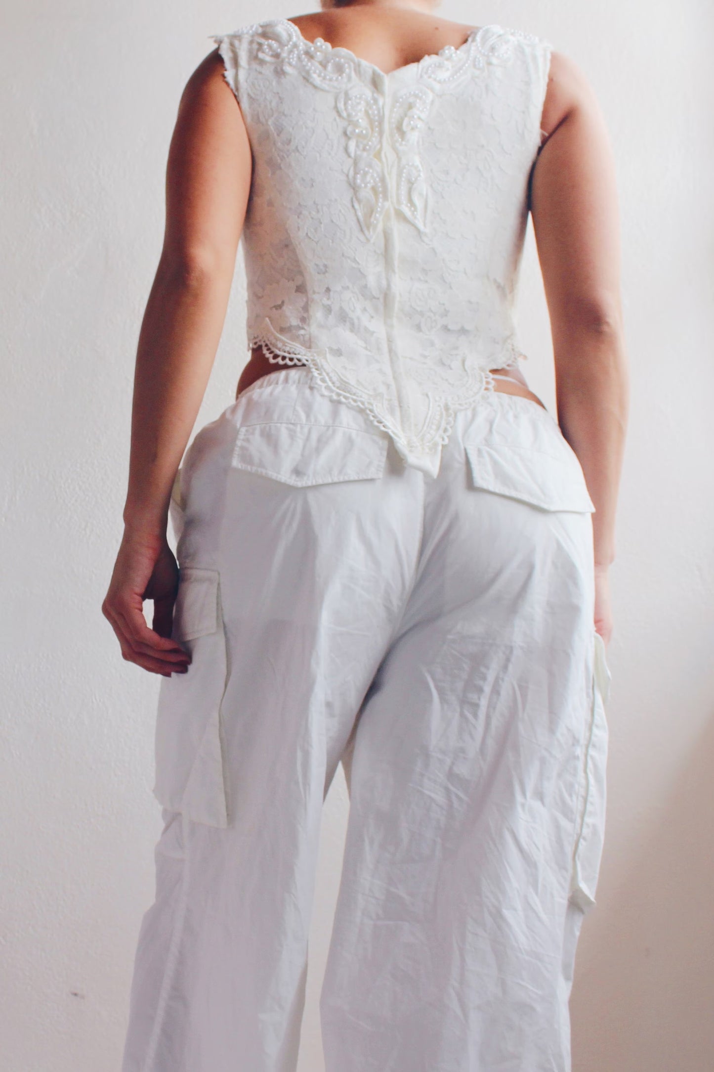 Formal Sleeveless Pearl Beaded Top - Upcycled Vintage Wedding Dress | Coquette Ornate Venetian Lace Style | Unique & Sustainable