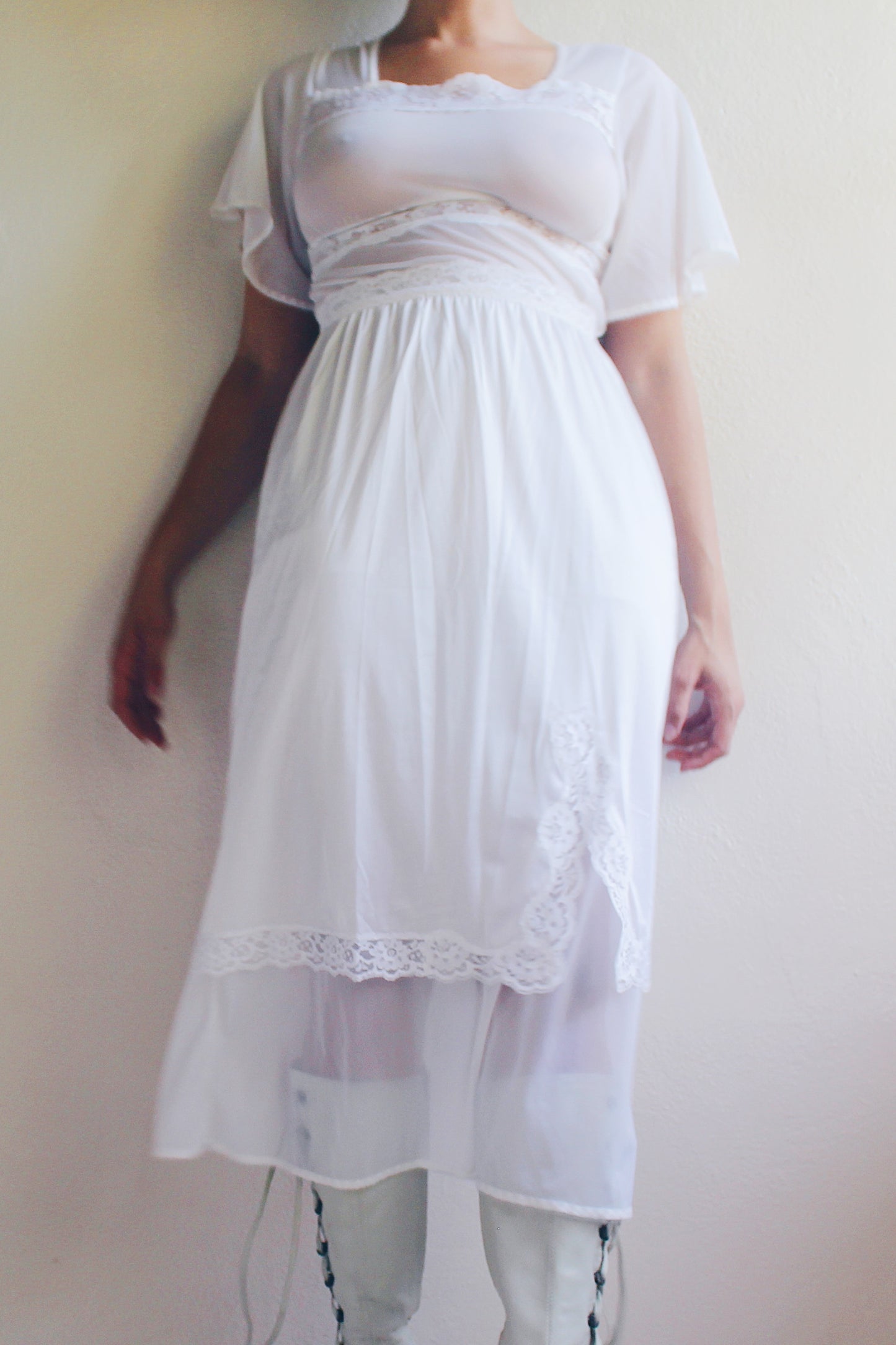 Whimsical Sheer White Lace Maxi Slip / Sheer Lace Wendy Vintage nightgown
