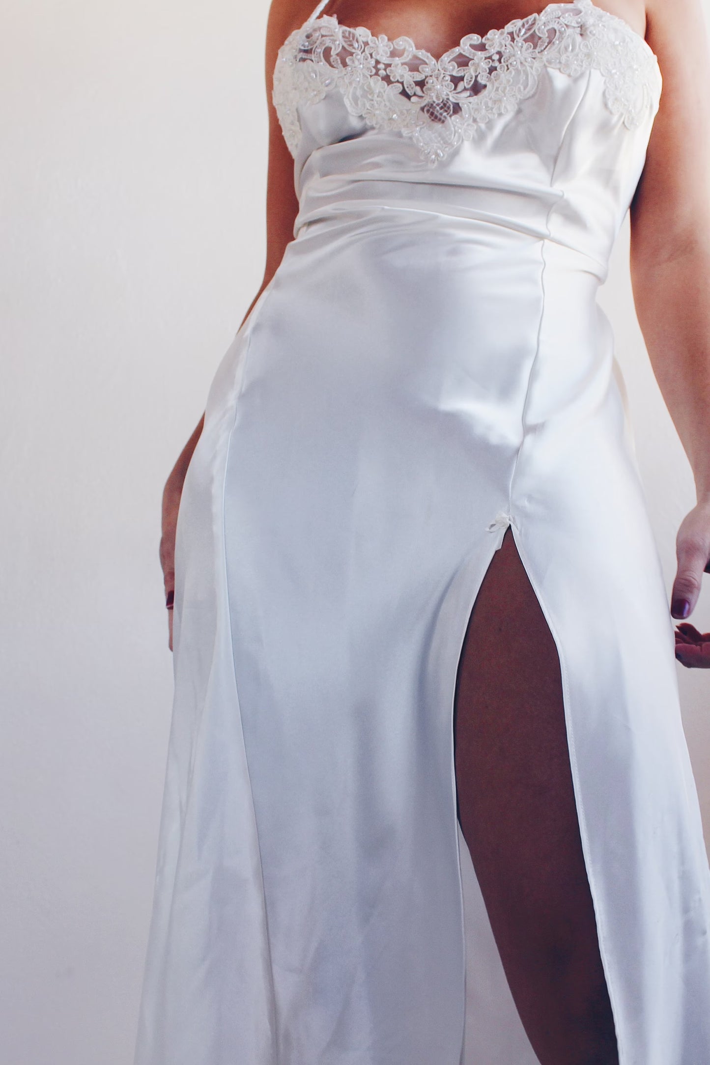 90s White Liquid Satin Sexy Nightgown - Lace Bust & Slit | Ethereal Bridal Lingerie | Perfect for Casual Layering