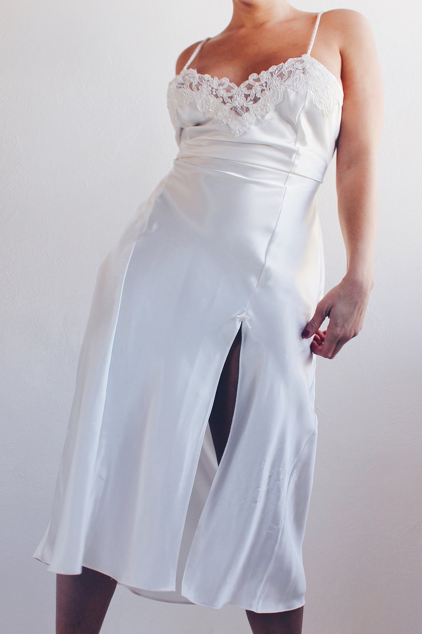 90s White Liquid Satin Sexy Nightgown - Lace Bust & Slit | Ethereal Bridal Lingerie | Perfect for Casual Layering