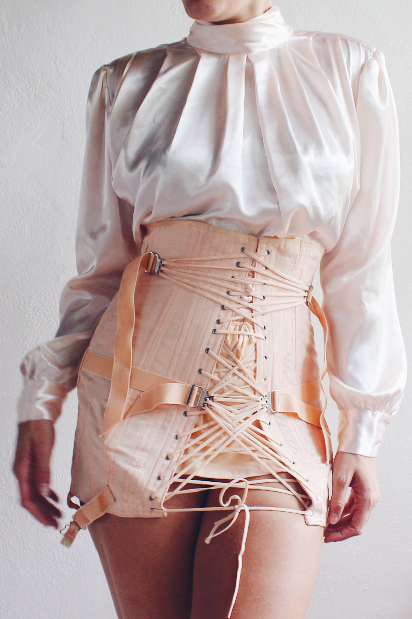Vintage Pearl Pink High Neck Pleated Blouse - 90s Romantic Professional Style
