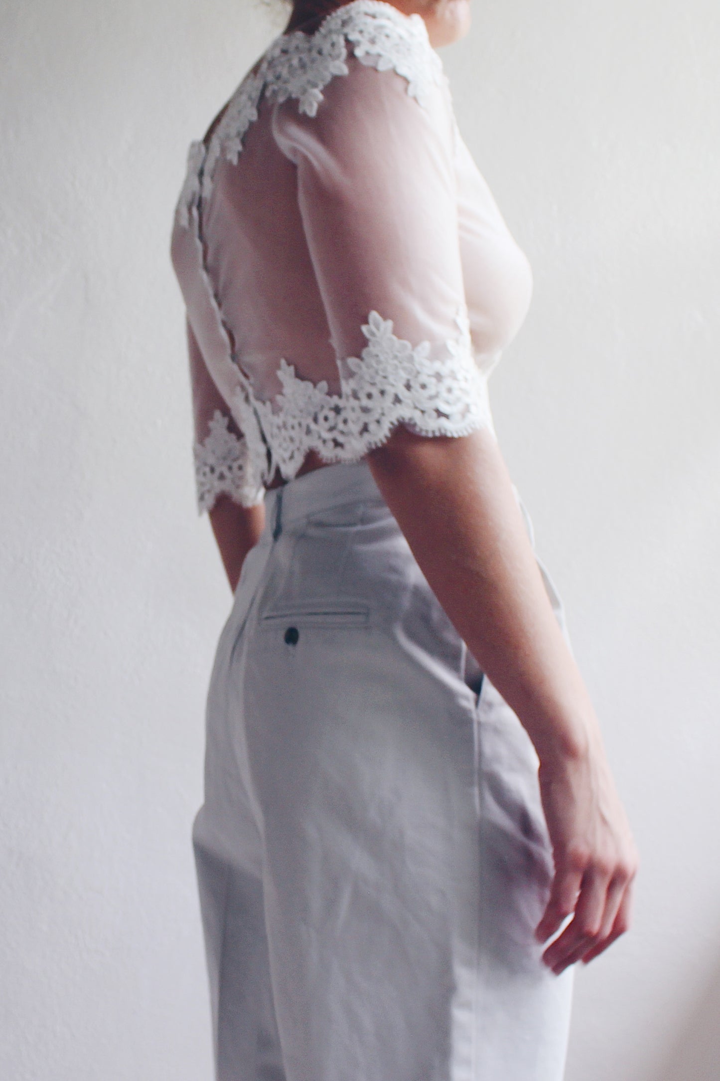 Sheer Mesh Lace Crop Top / Reworked Victorian Off the shoulder Lace cropped Blouse / Edwardian upcycled shirt