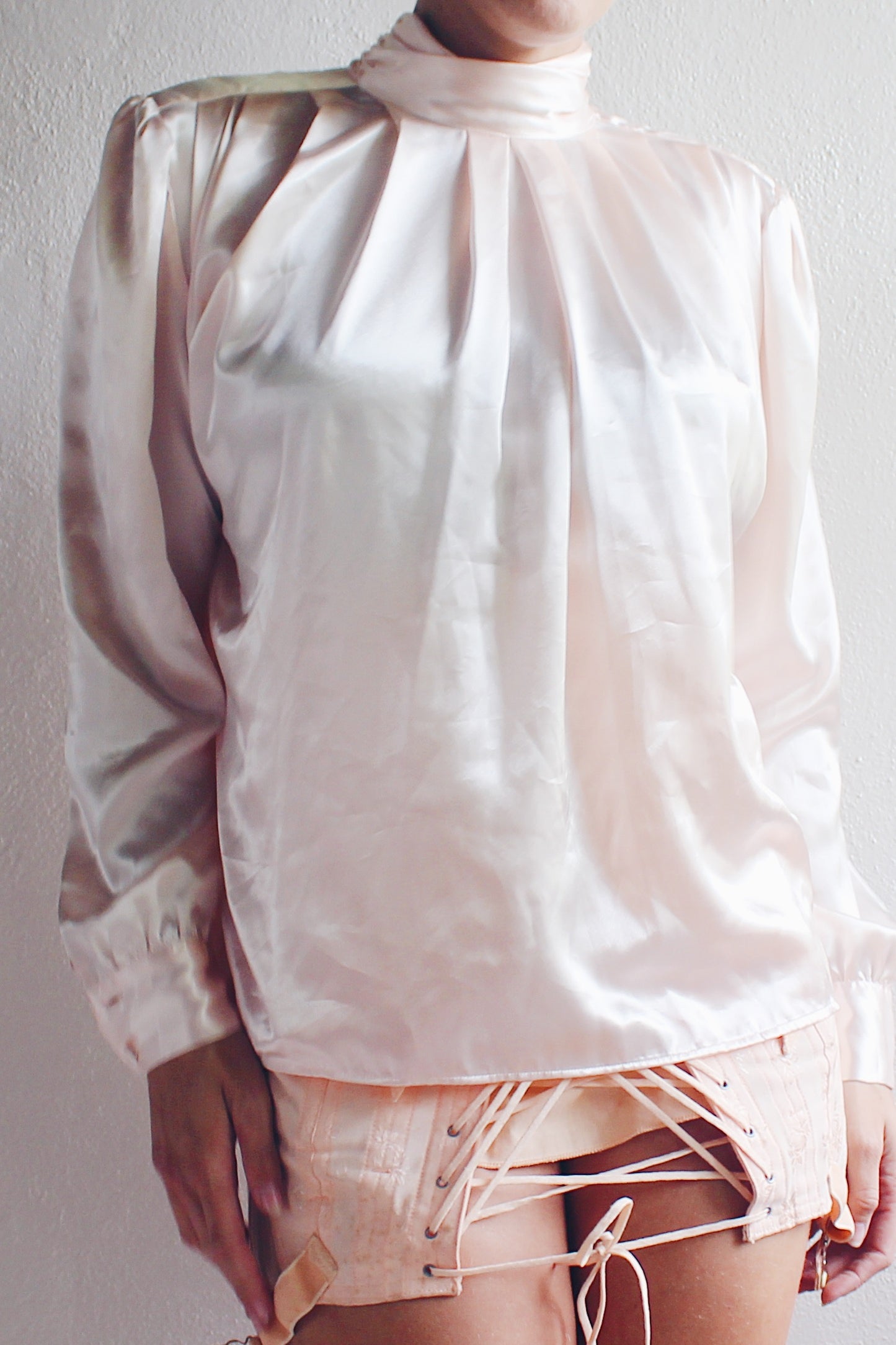 Vintage Pearl Pink High Neck Pleated Blouse - 90s Romantic Professional Style