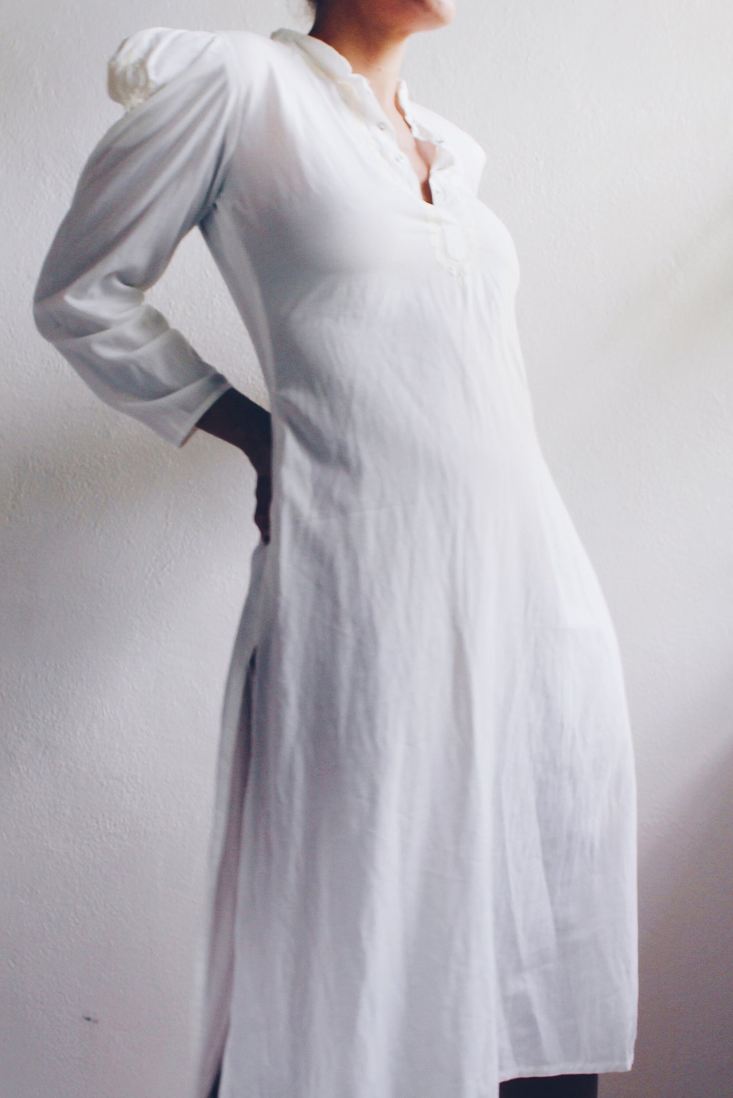 White Vintage Cotton Long Sleeve Nightgown - American Gothic Edwardian Style | Knee-Length with Floral Embroidery & Pleated Shoulders