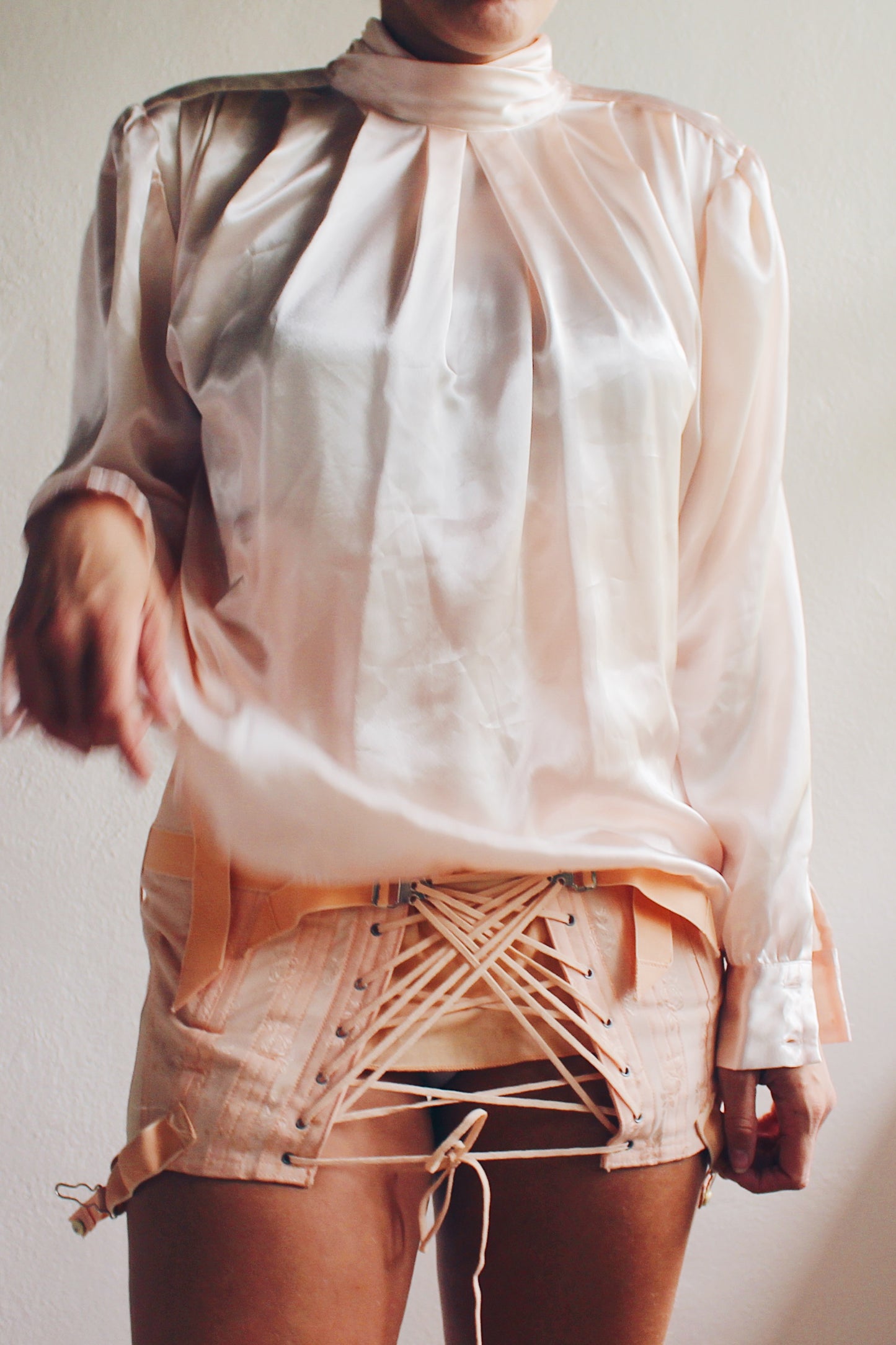 Vintage Pearl Pink High Neck Pleated Blouse - 90s Romantic Professional Style