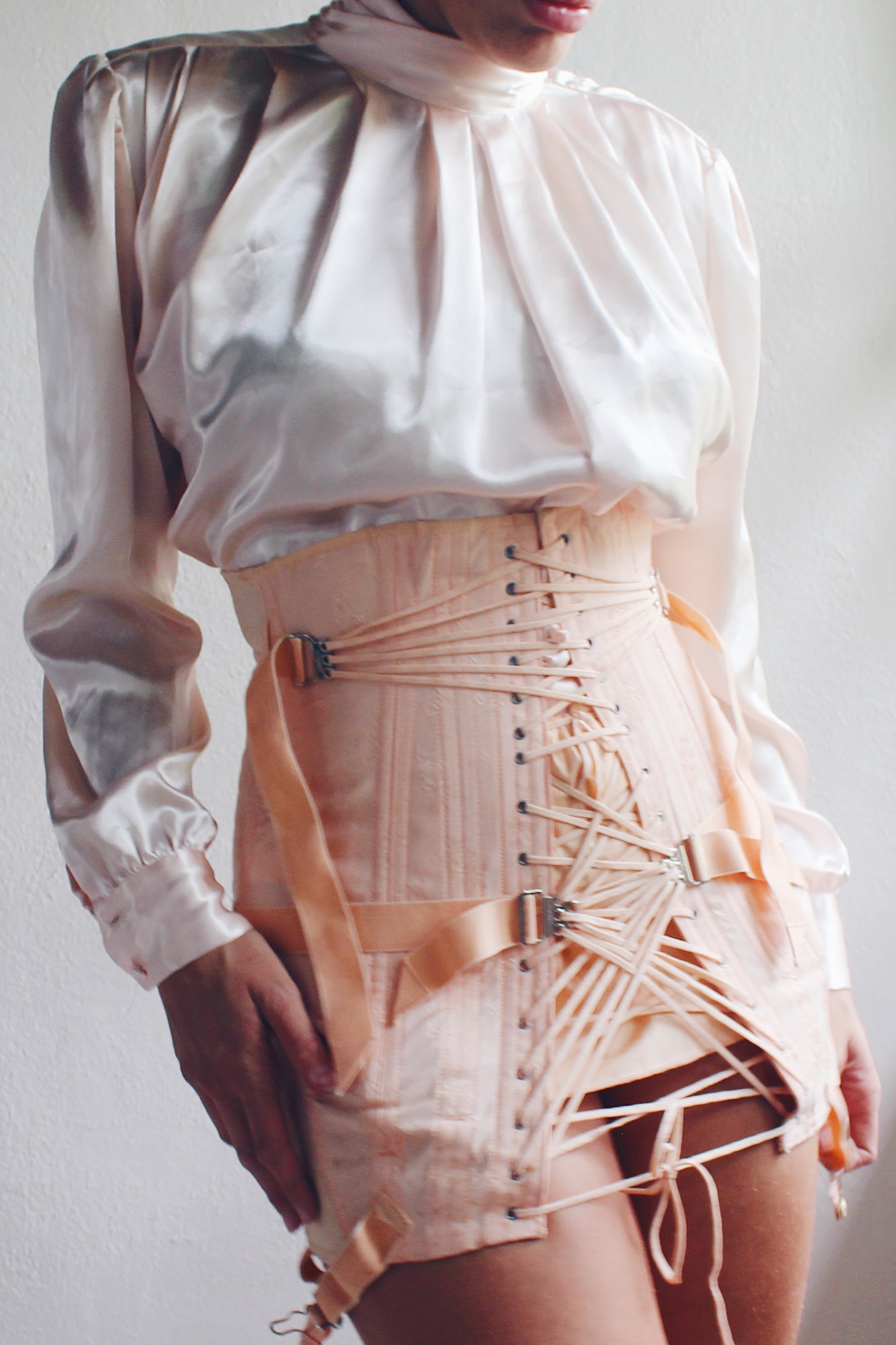 Vintage Pearl Pink High Neck Pleated Blouse - 90s Romantic Professional Style