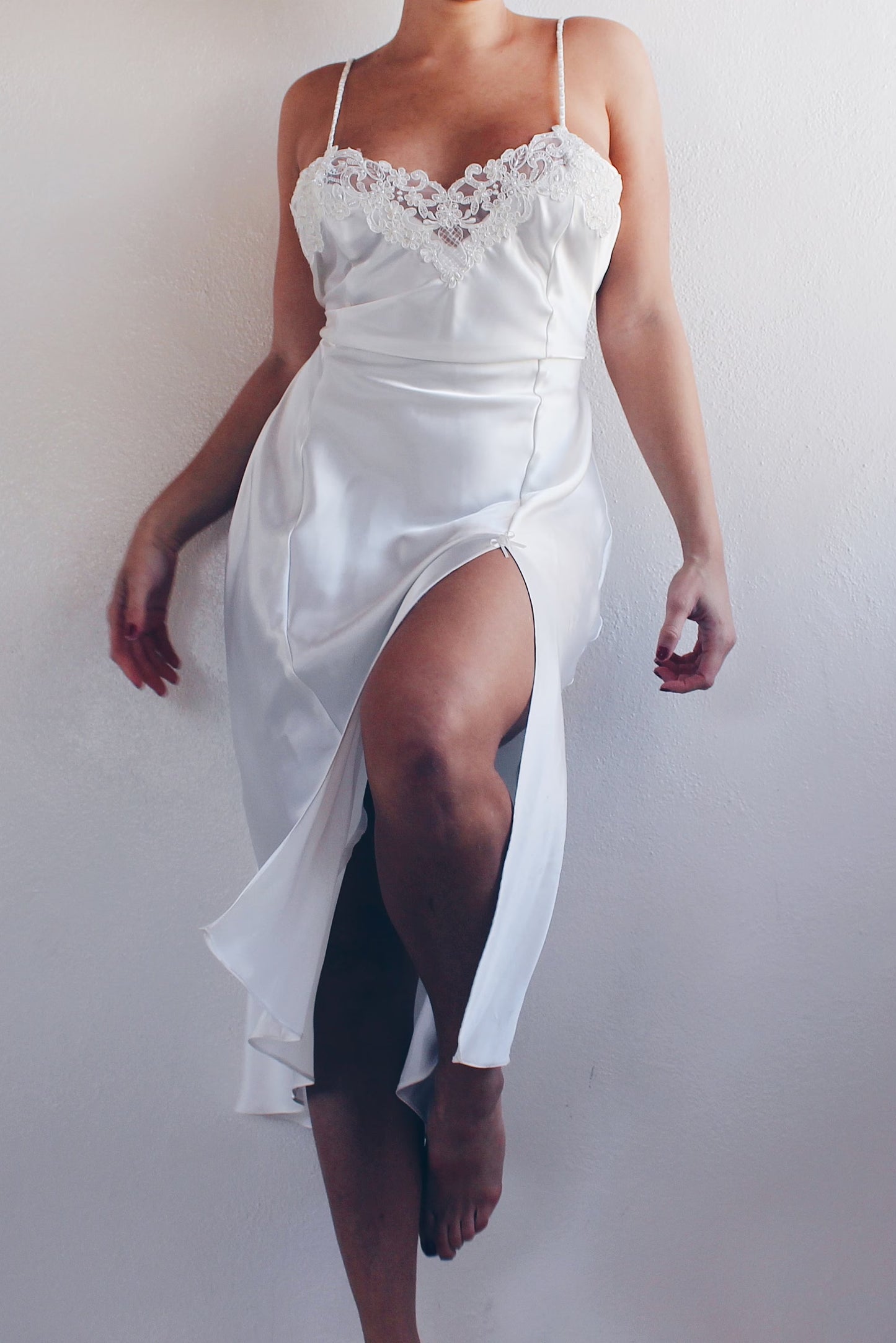 90s White Liquid Satin Sexy Nightgown - Lace Bust & Slit | Ethereal Bridal Lingerie | Perfect for Casual Layering