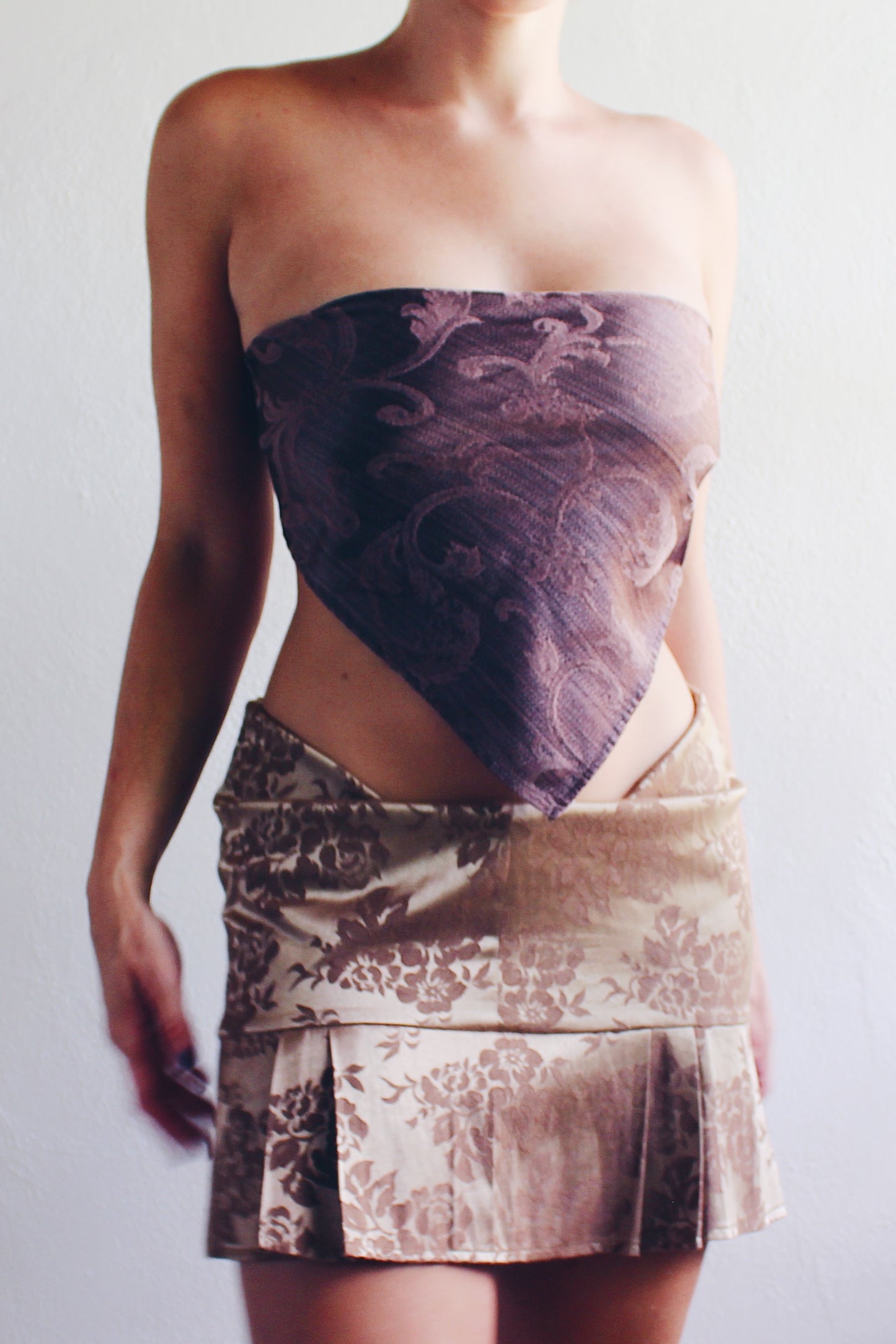 Brown Baroque Print Reworked French hanky hem shirt / Upcycled Bandeau Tapestry Haltar Crop Top