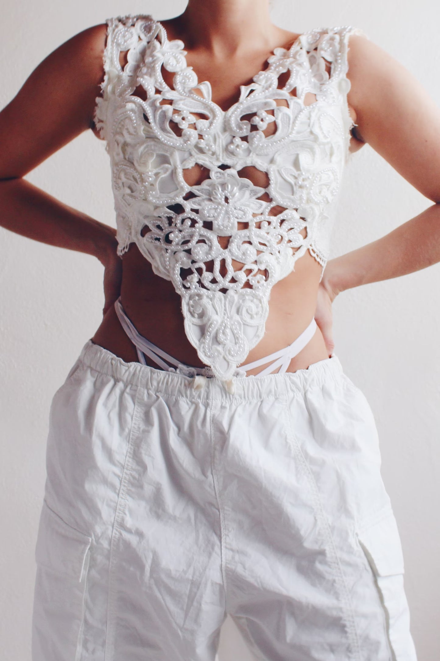 Formal Sleeveless Pearl Beaded Top - Upcycled Vintage Wedding Dress | Coquette Ornate Venetian Lace Style | Unique & Sustainable