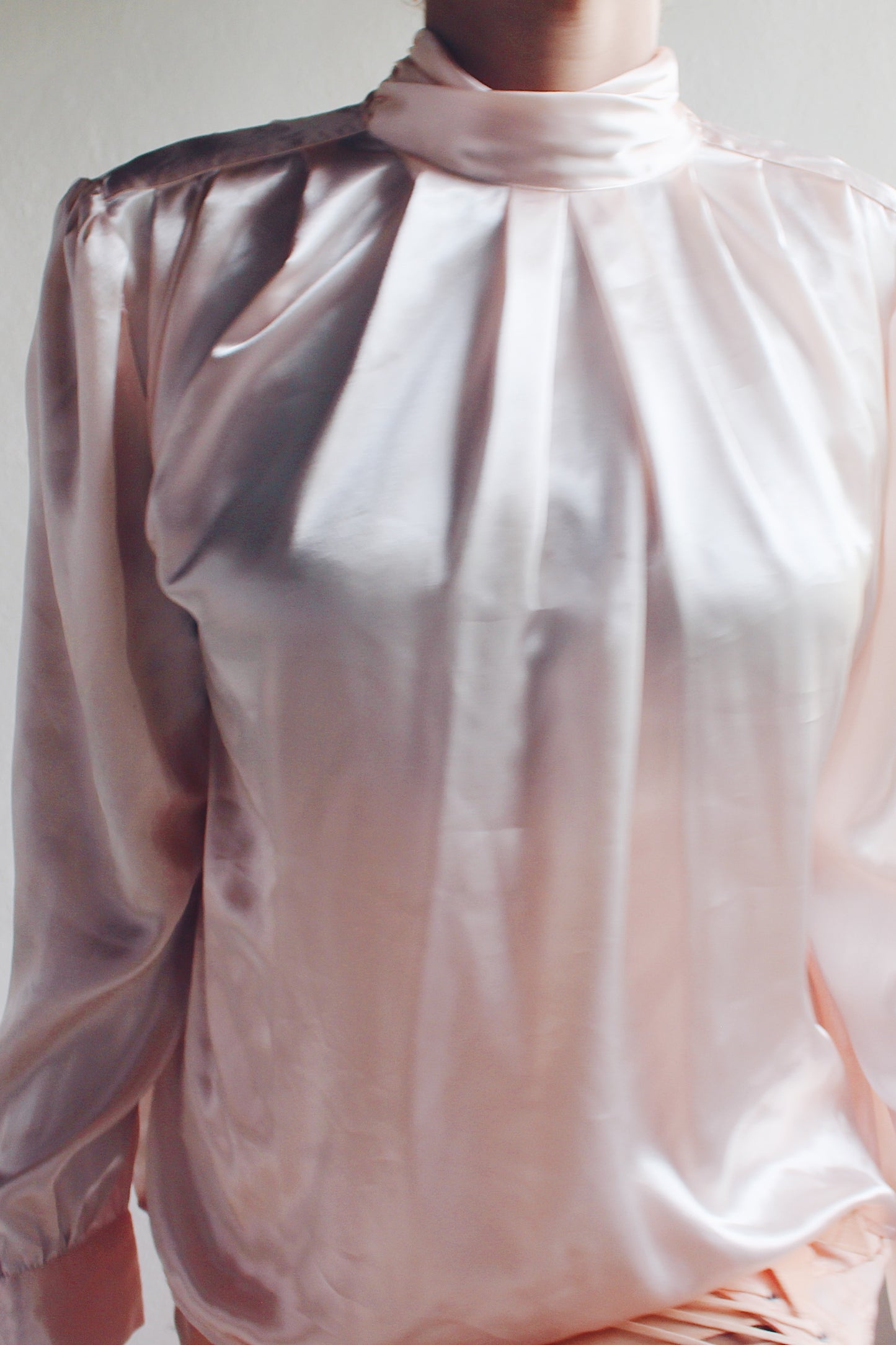 Vintage Pearl Pink High Neck Pleated Blouse - 90s Romantic Professional Style