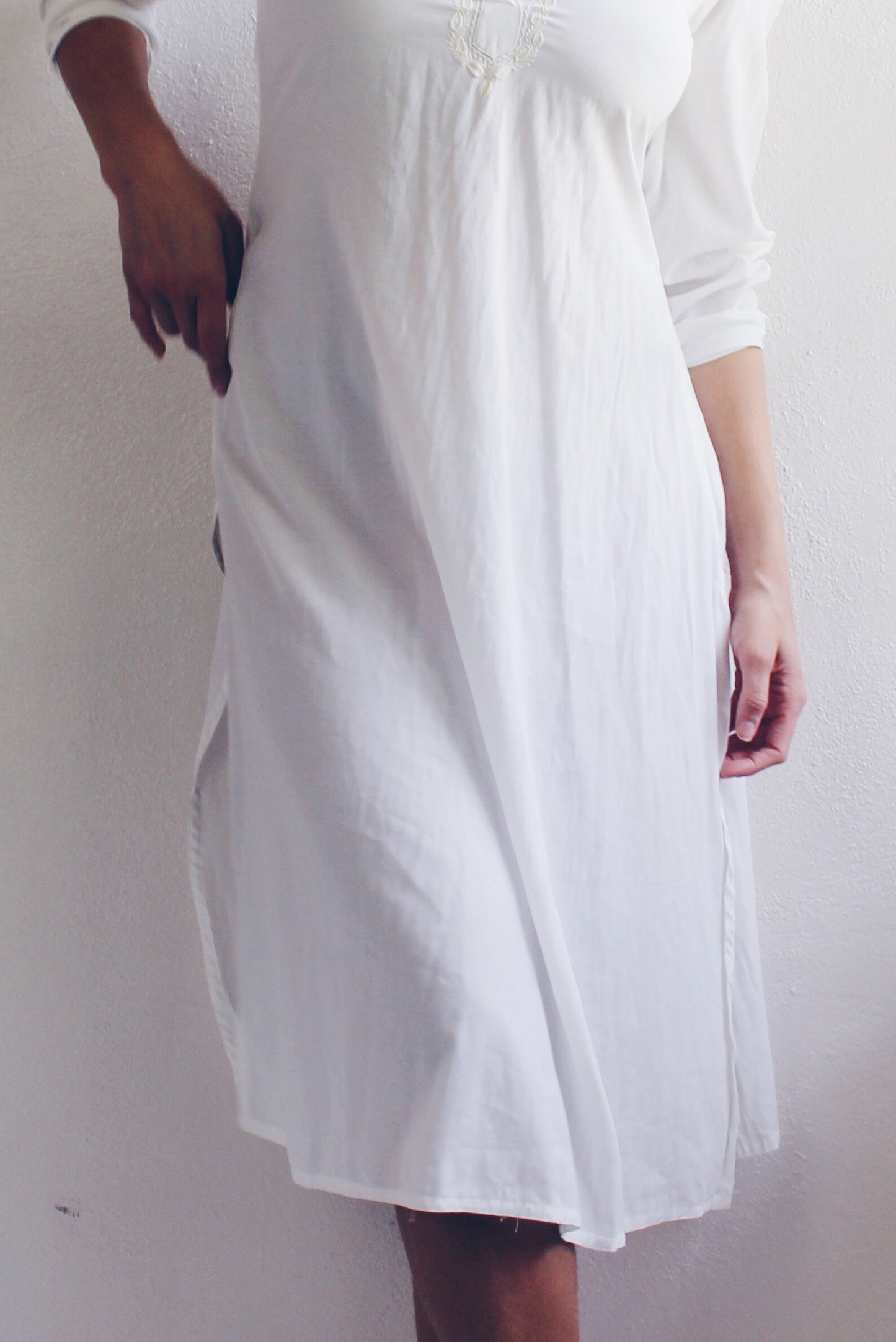White Vintage Cotton Long Sleeve Nightgown - American Gothic Edwardian Style | Knee-Length with Floral Embroidery & Pleated Shoulders