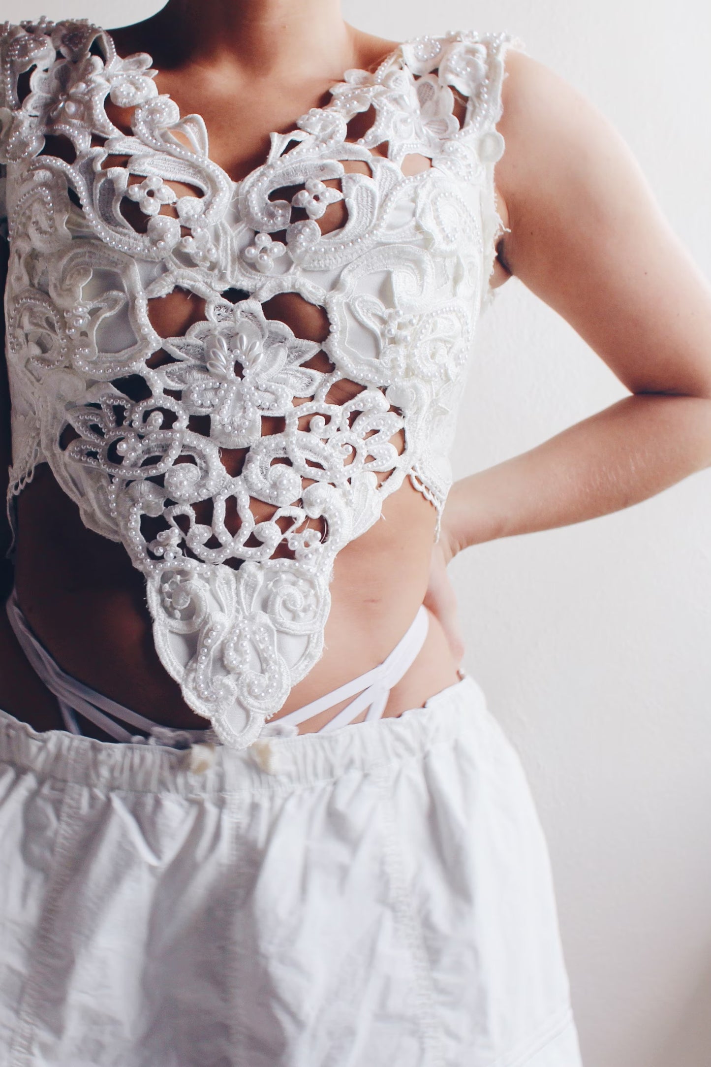 Formal Sleeveless Pearl Beaded Top - Upcycled Vintage Wedding Dress | Coquette Ornate Venetian Lace Style | Unique & Sustainable
