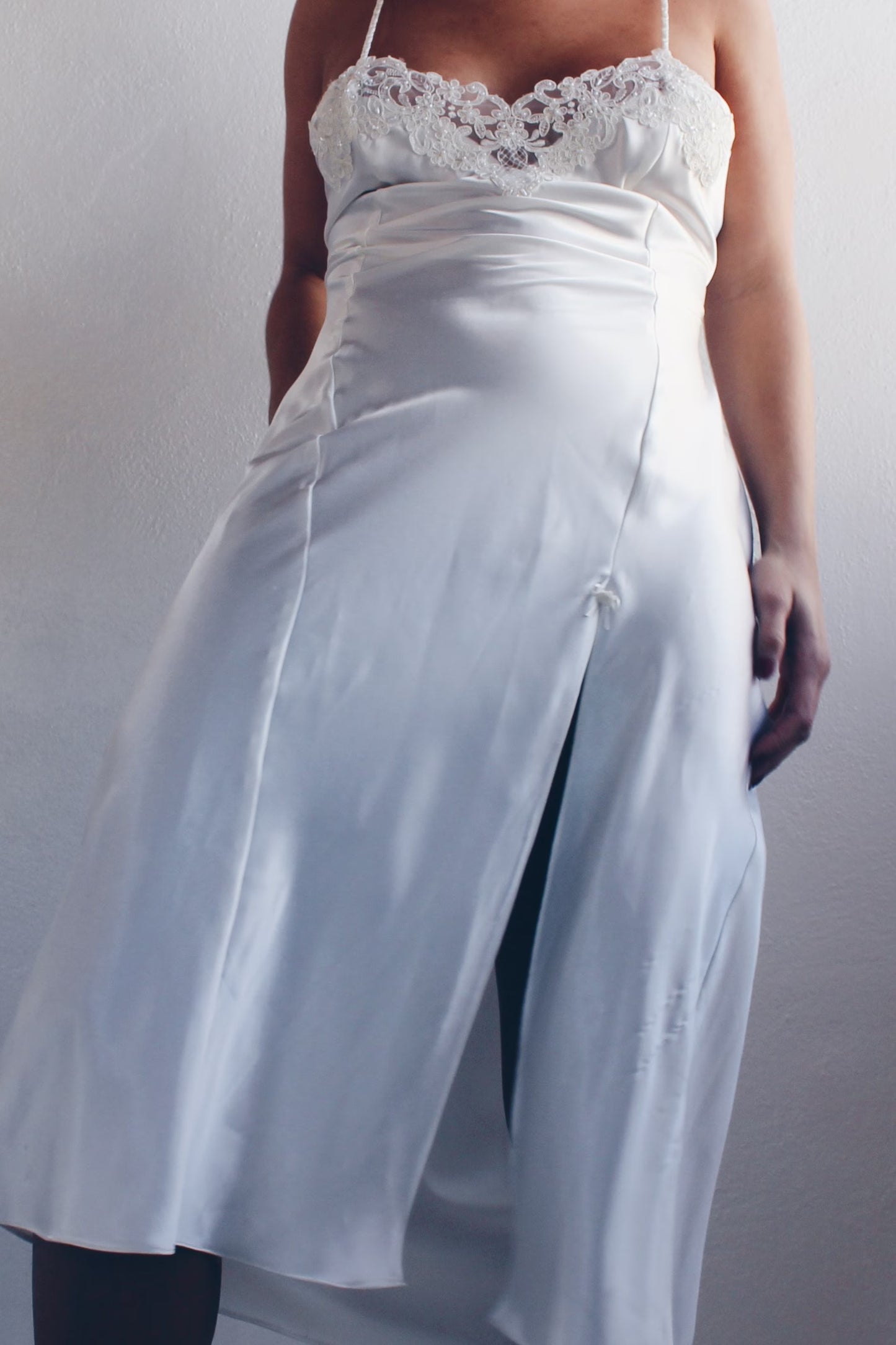 90s White Liquid Satin Sexy Nightgown - Lace Bust & Slit | Ethereal Bridal Lingerie | Perfect for Casual Layering