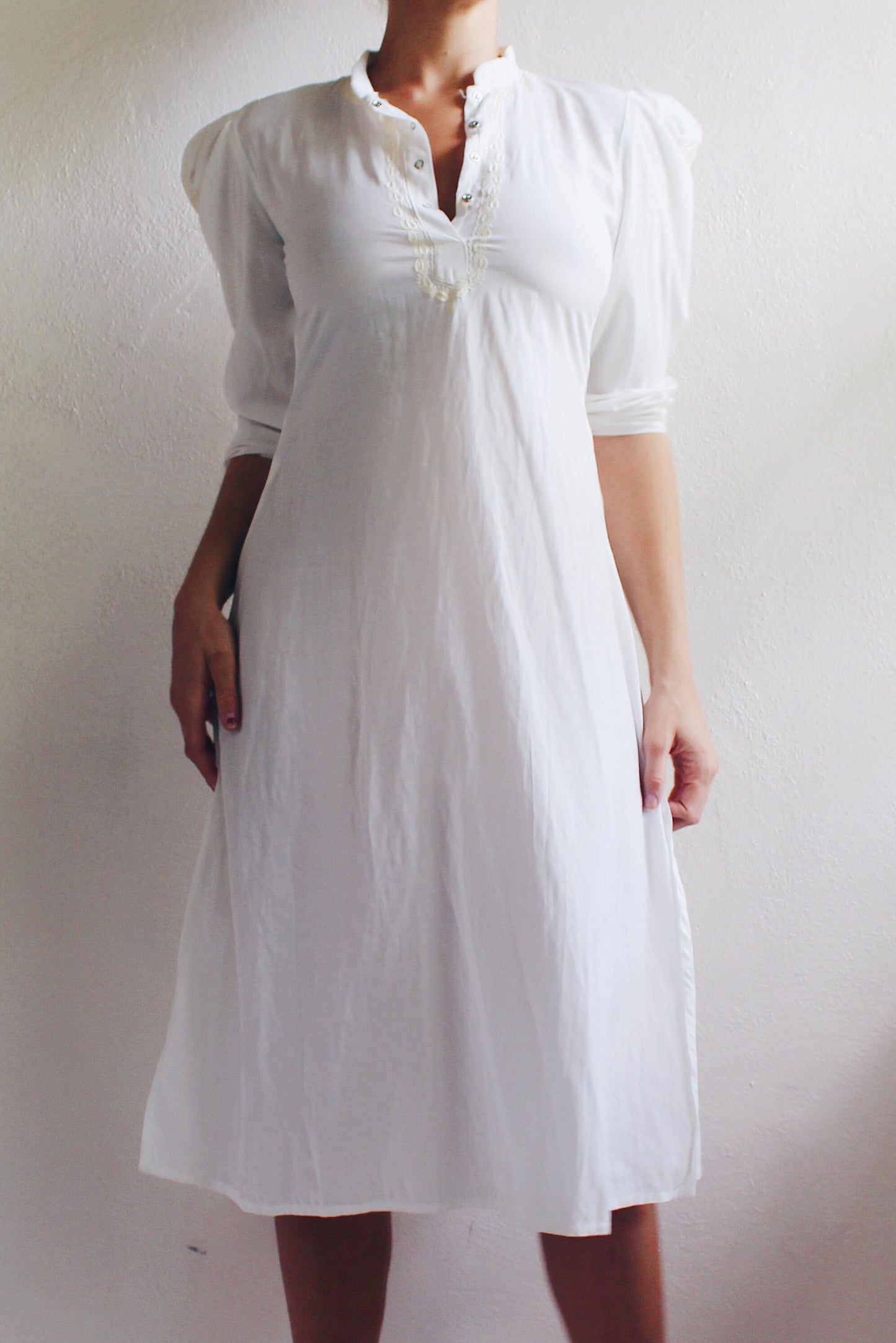 White Vintage Cotton Long Sleeve Nightgown - American Gothic Edwardian Style | Knee-Length with Floral Embroidery & Pleated Shoulders