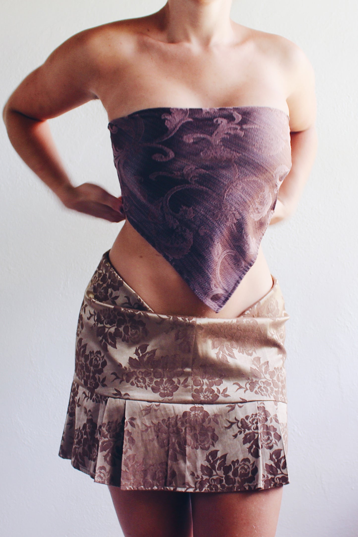Brown Baroque Print Reworked French hanky hem shirt / Upcycled Bandeau Tapestry Haltar Crop Top