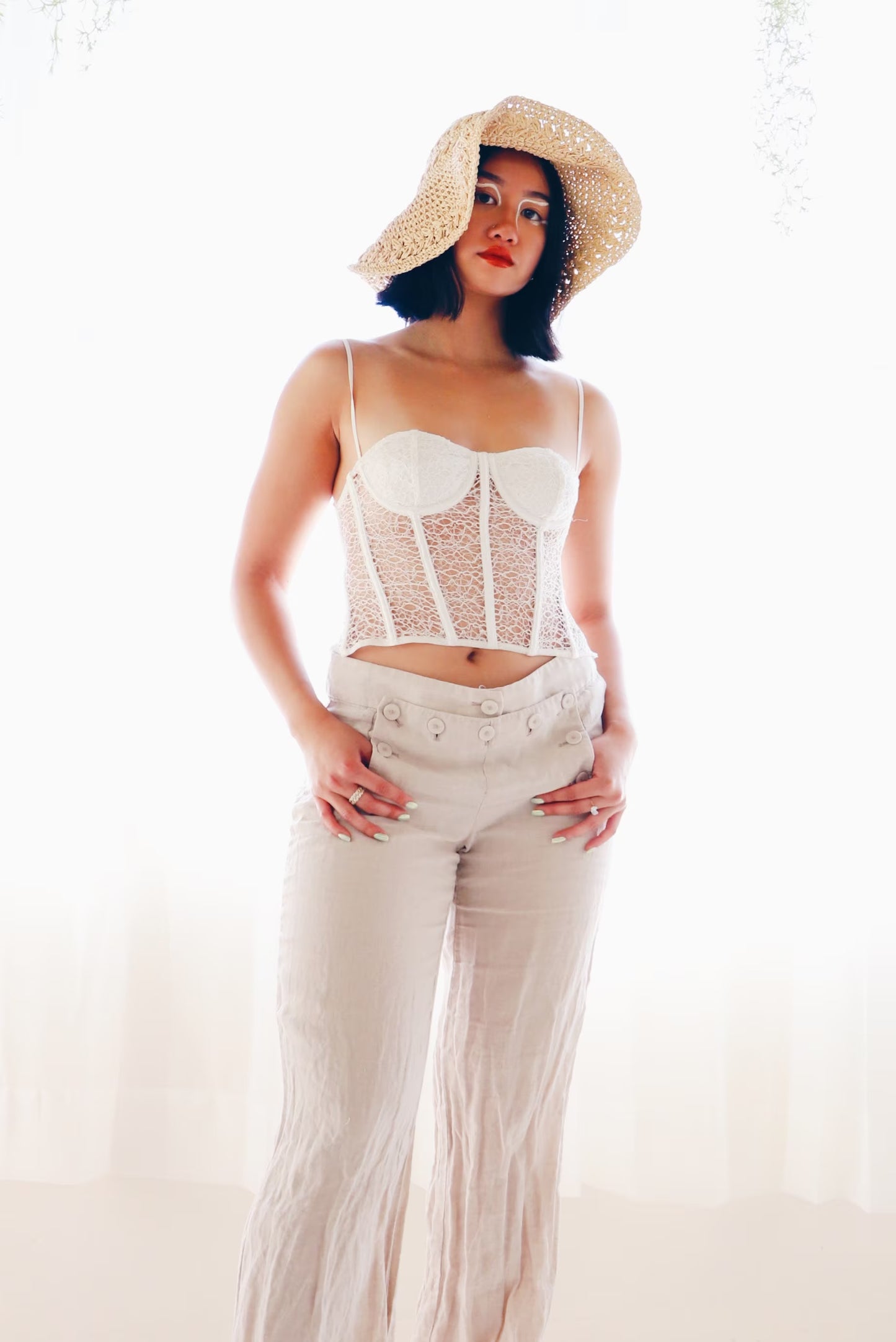 White Abstract Thread Bustier / Ivory lace sheer boned corset