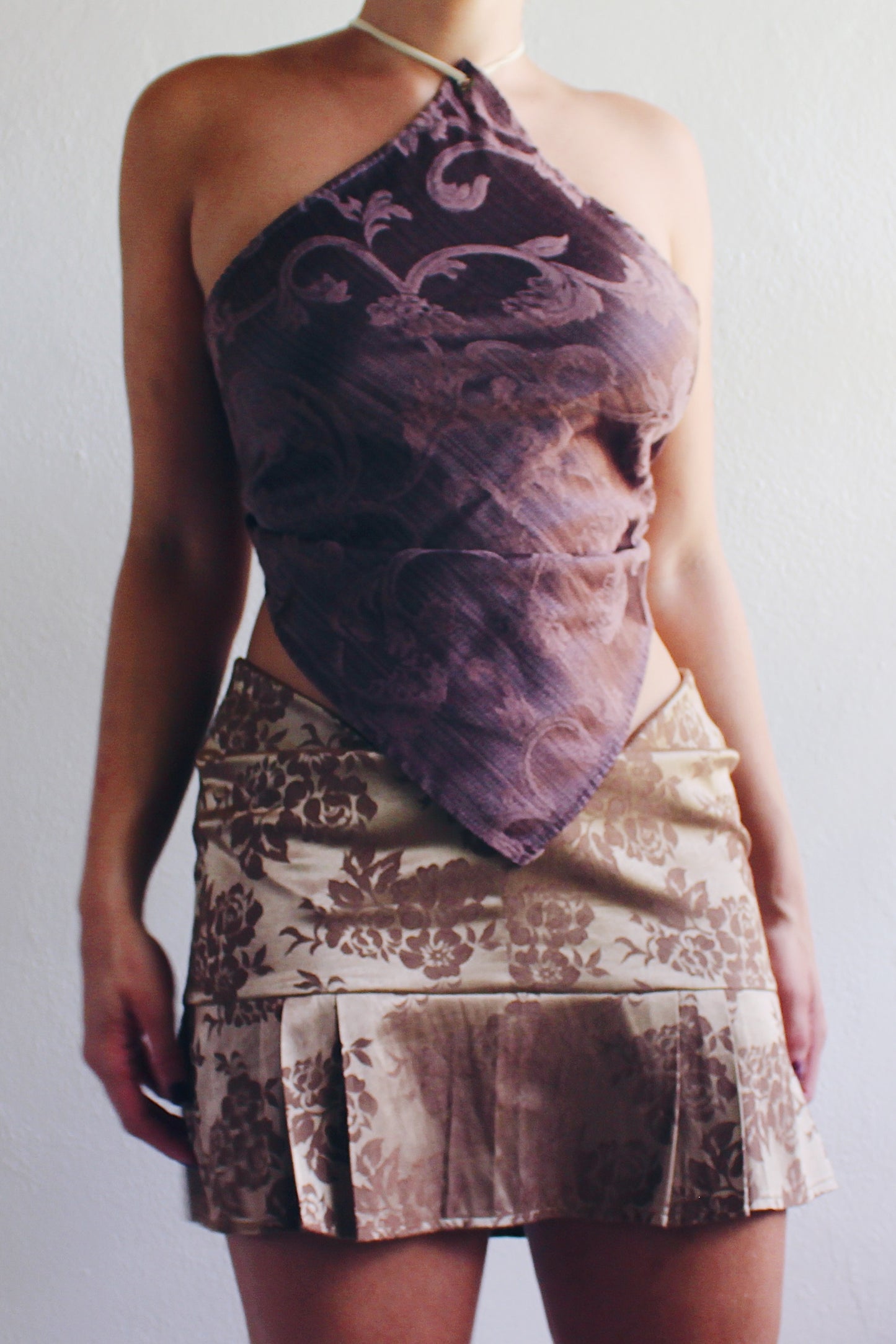 Brown Baroque Print Reworked French hanky hem shirt / Upcycled Bandeau Tapestry Haltar Crop Top