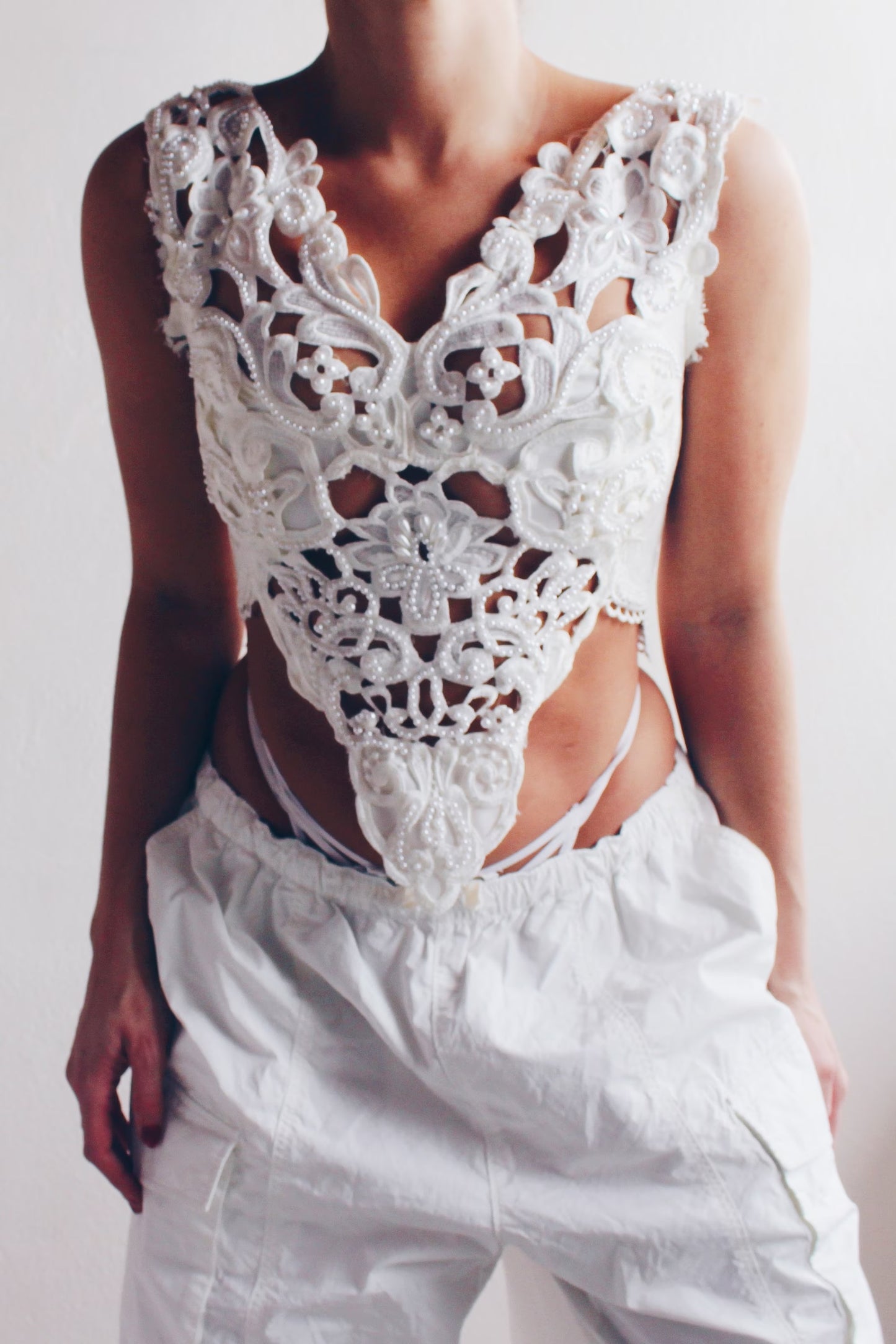 Formal Sleeveless Pearl Beaded Top - Upcycled Vintage Wedding Dress | Coquette Ornate Venetian Lace Style | Unique & Sustainable