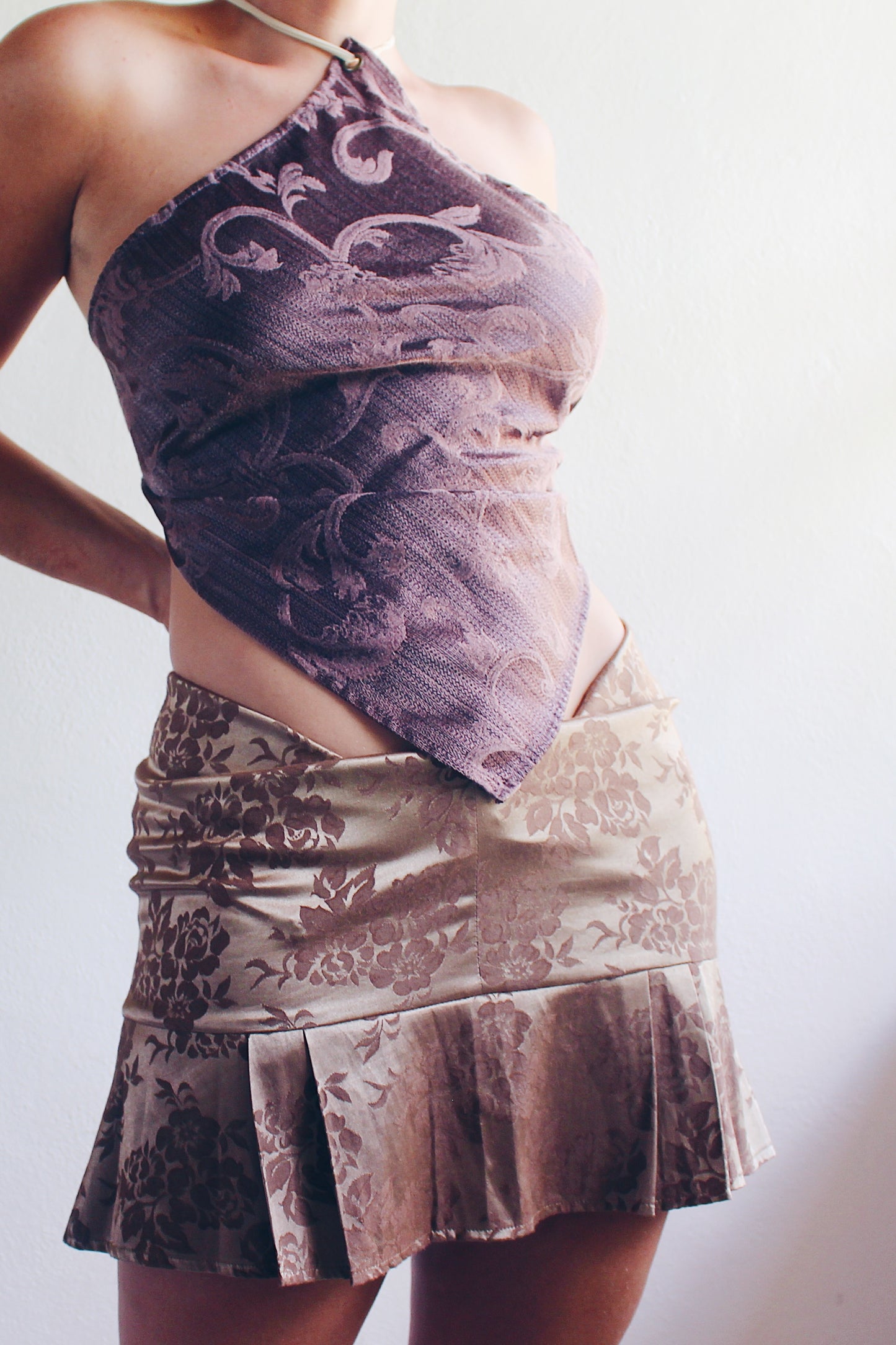 Brown Baroque Print Reworked French hanky hem shirt / Upcycled Bandeau Tapestry Haltar Crop Top