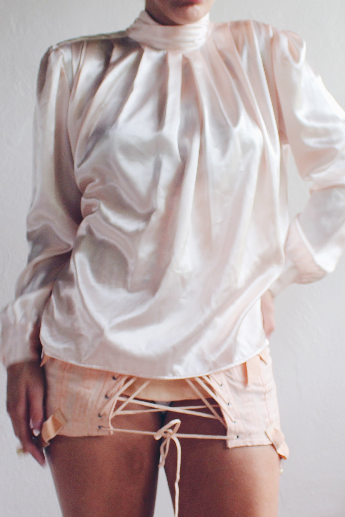 Vintage Pearl Pink High Neck Pleated Blouse - 90s Romantic Professional Style
