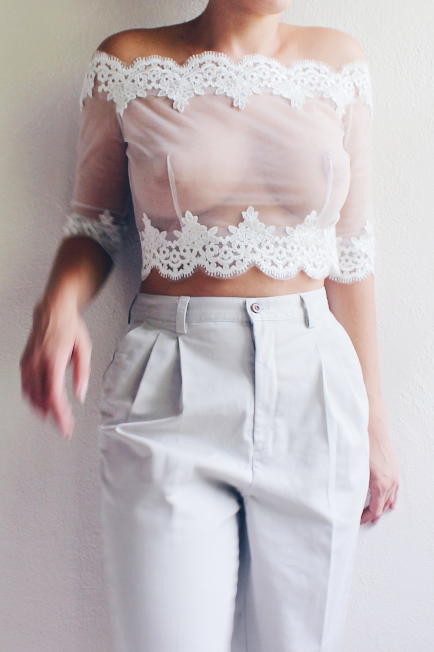 Sheer Mesh Lace Crop Top / Reworked Victorian Off the shoulder Lace cropped Blouse / Edwardian upcycled shirt