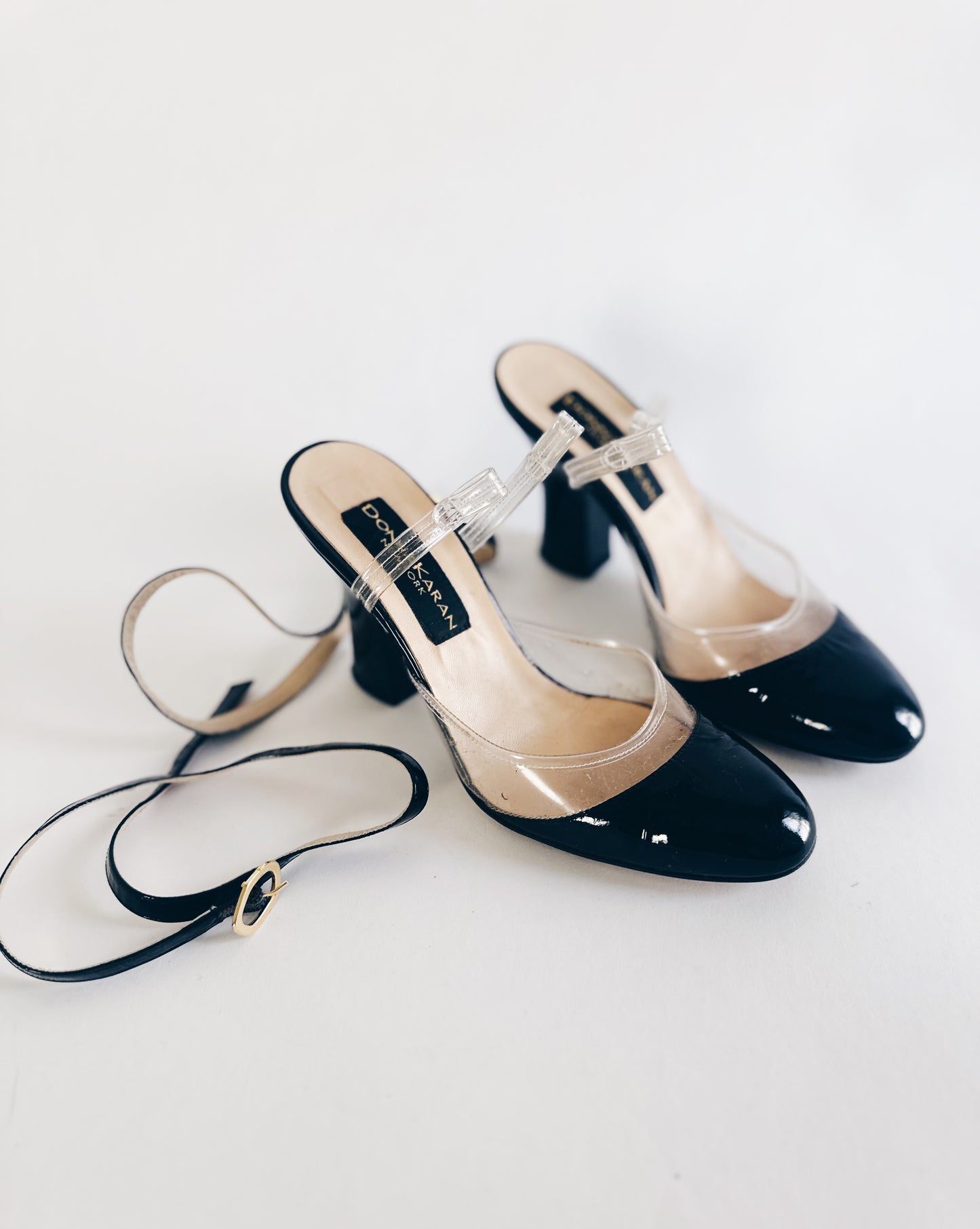 Vintage Donna Karan Cap Toe Heels – 90s Y2K Black Leather & Clear PVC Pumps | Detachable Ankle Strap Designer Shoes