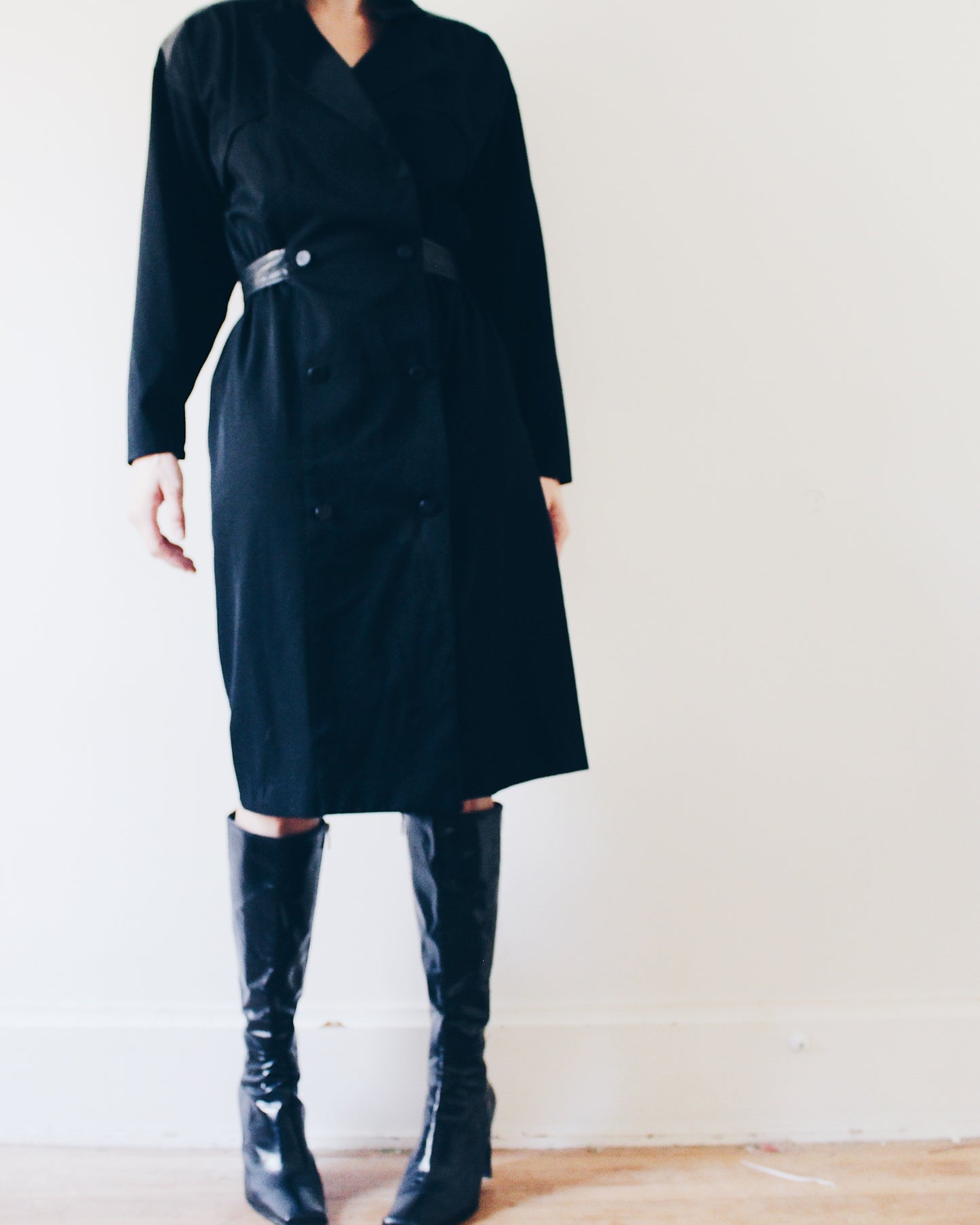 Vintage Rickie Freeman for Terijon Black Wool Trench Coat – 90s Leather Patch & Tie Waist, Minimalist Outerwear