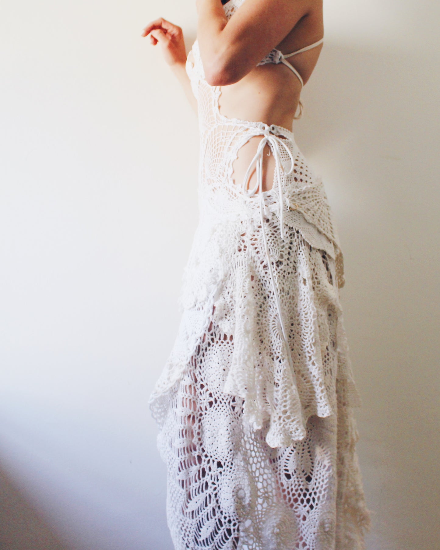 Upcycled Asymmetric Dress Made from Vintage Handmade Doilies - Ethereal Bohemian Style | One-of-a-Kind Statement Piece - festival Doily Gown