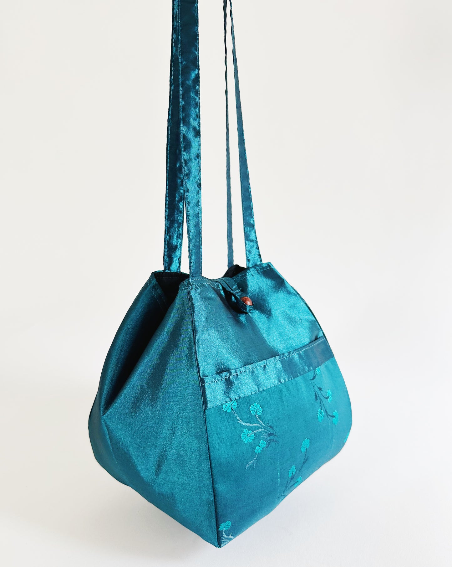 Teal Geometric Teardrop Purse – East Asian Botanical Print Statement Bag