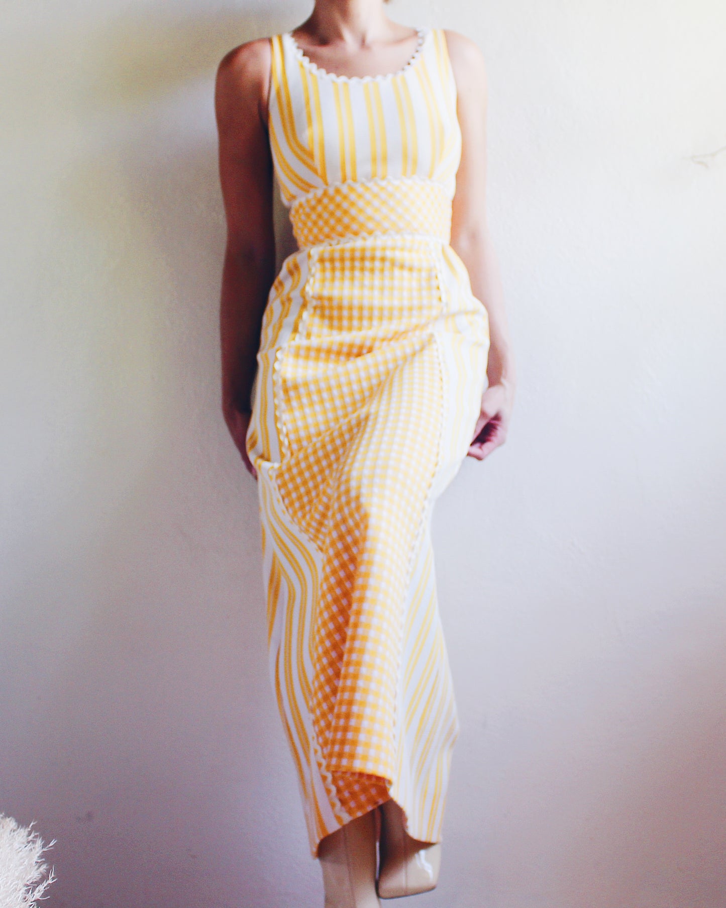 Vintage 1970s Ruth Norman Yellow and White Checked & Striped Long Dress - Americana Coquette Style | Perfect for Summer parties