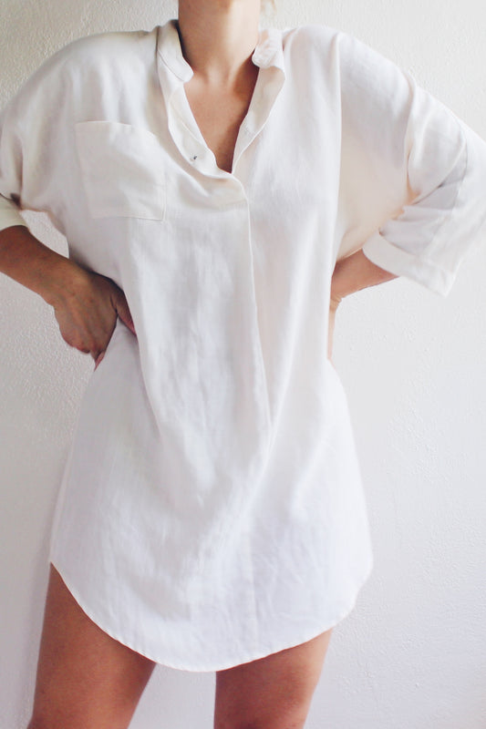 Vintage 3/4 Sleeve Cream Cotton Shirt Dress - Minimalist Tunic | Lightweight Boho American Gothic Style | Perfect for Layering