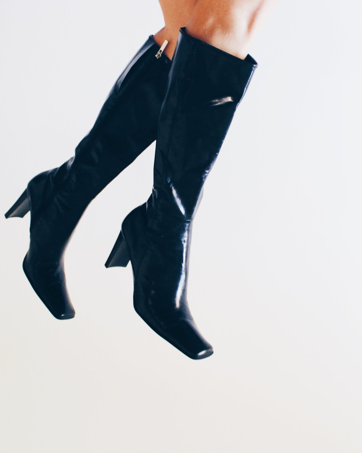 y2k Square Toe: Vintage Black Leather Nine West-Heeled Boots - Calf-Length Librarian Chic Shoes