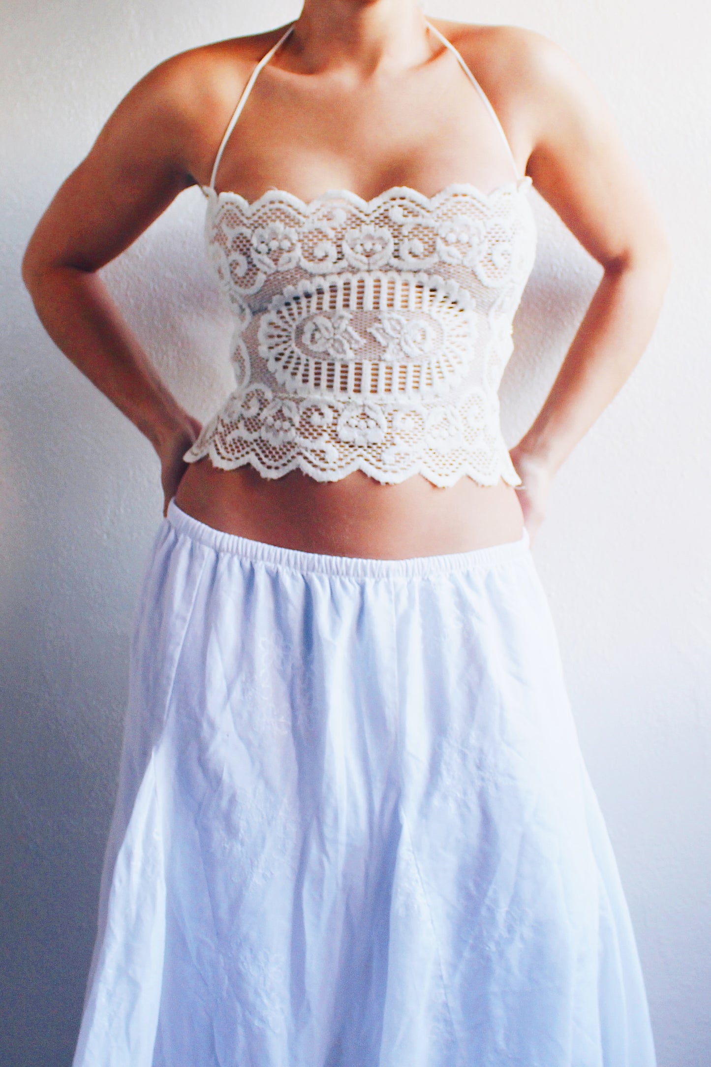 Vintage Lace Magic: Upcycled vintage doily Tank top / White cotton Reworked Fashion crop top