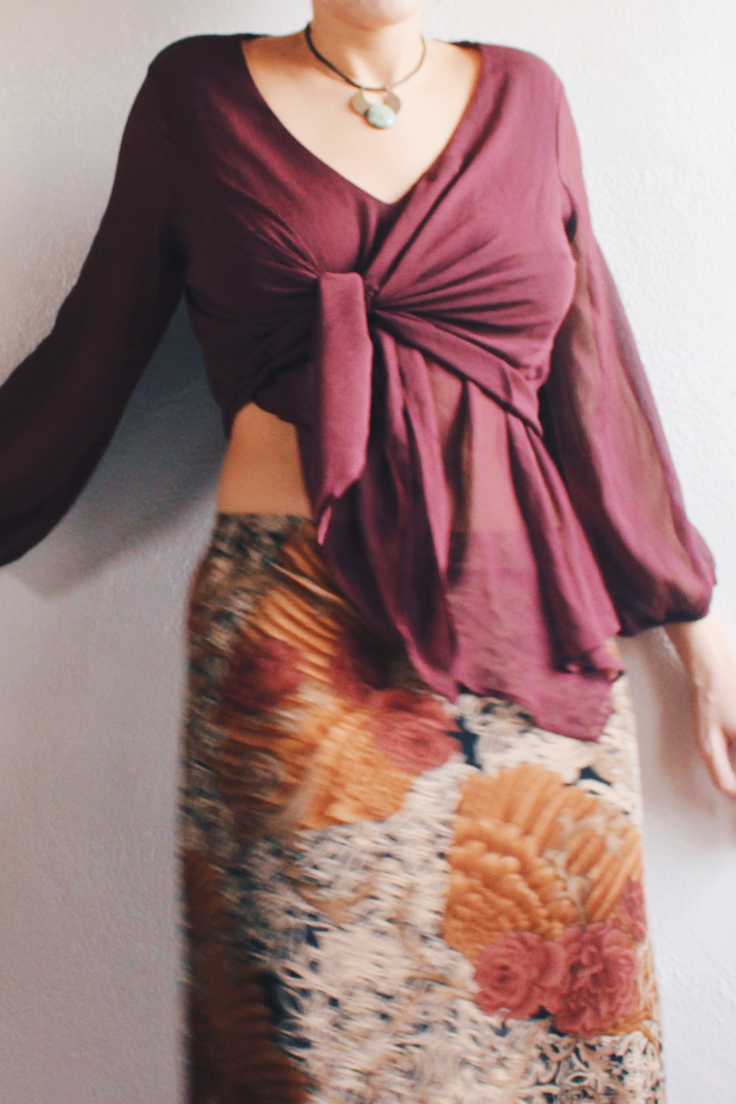 Enchanting Witch Vibes: Burgundy Sheer Asymmetric Top | Eco-Upcycled Fashion