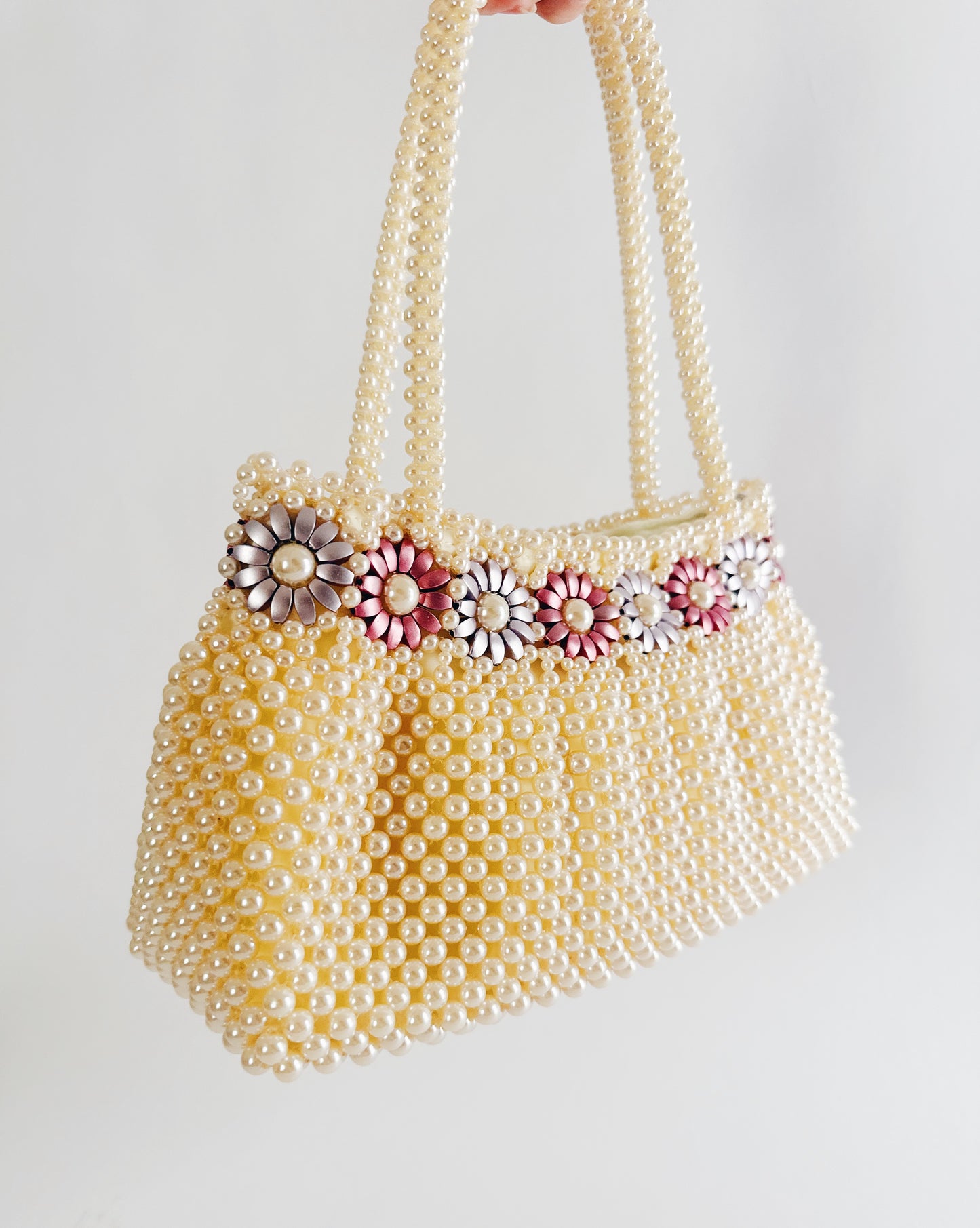 Vintage 70s Pearl Beaded Purse – Floral Detail Structured Clutch Spring Easter Bag