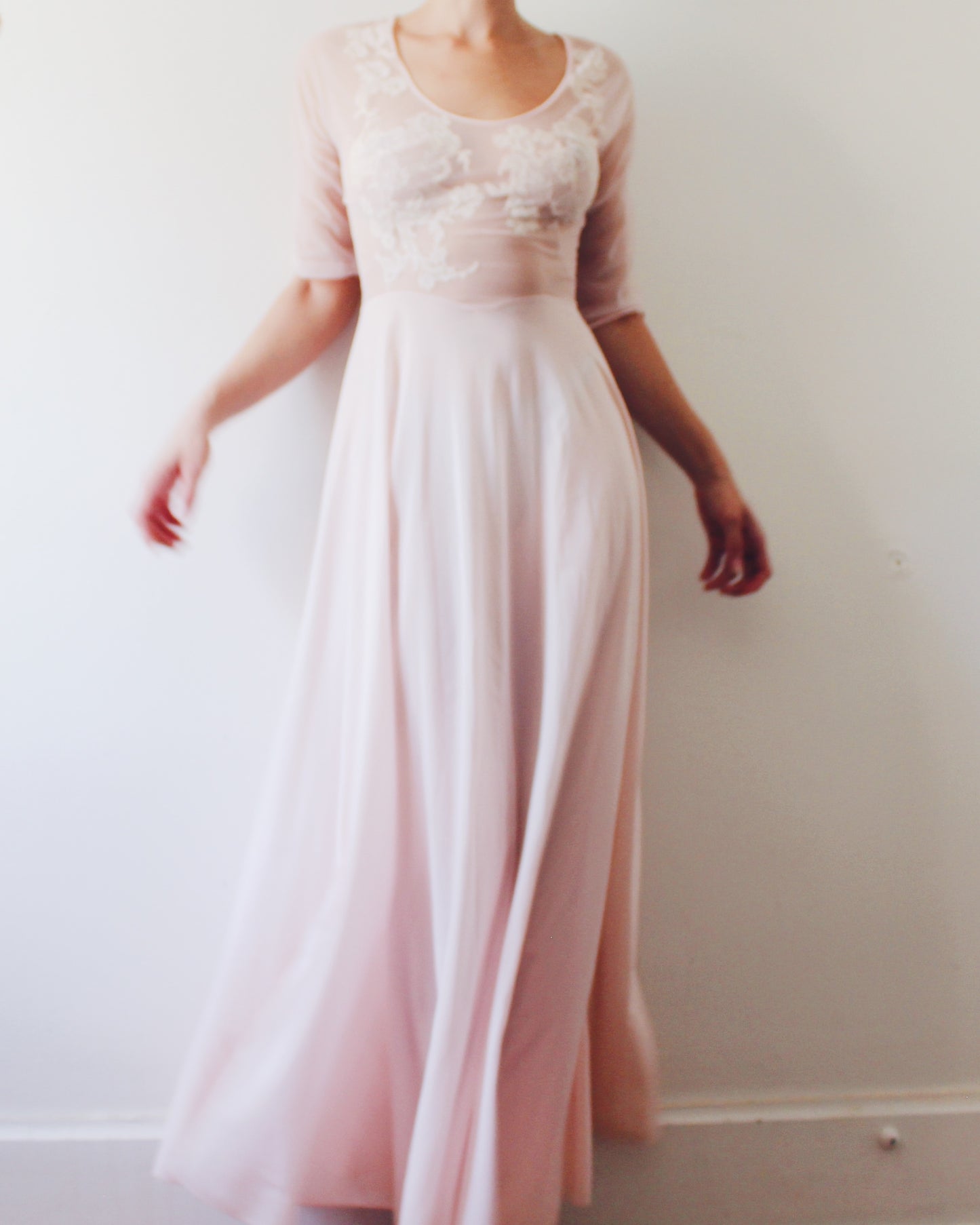 Vintage Vanity Fair Sheer Pink Nightgown S | 1950s Boudoir Lingerie Gown Embroidered Lace | A-Line Long Sheer Nightgown 3/4 Sleeve