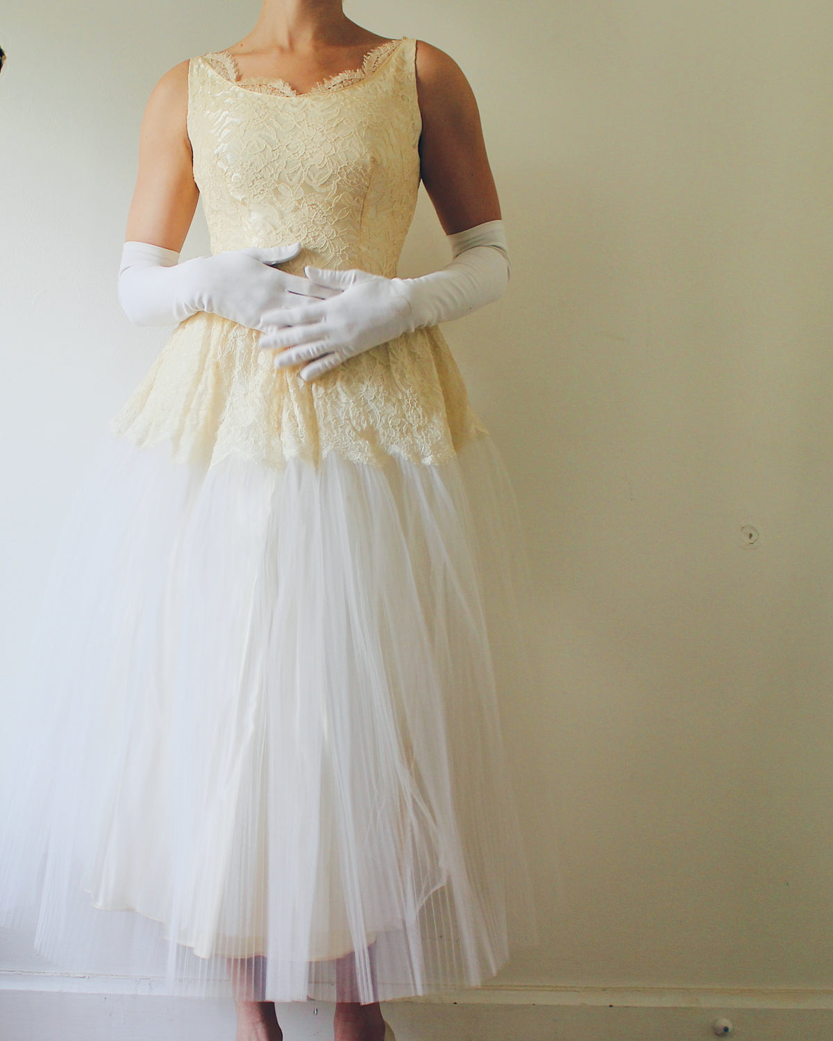 Vintage Ethereal Coquette Lace Midi Wedding Dress, Sleeveless Drop Waist, Cream Lace Bodice, Flared Micro Pleated Mesh Skirt